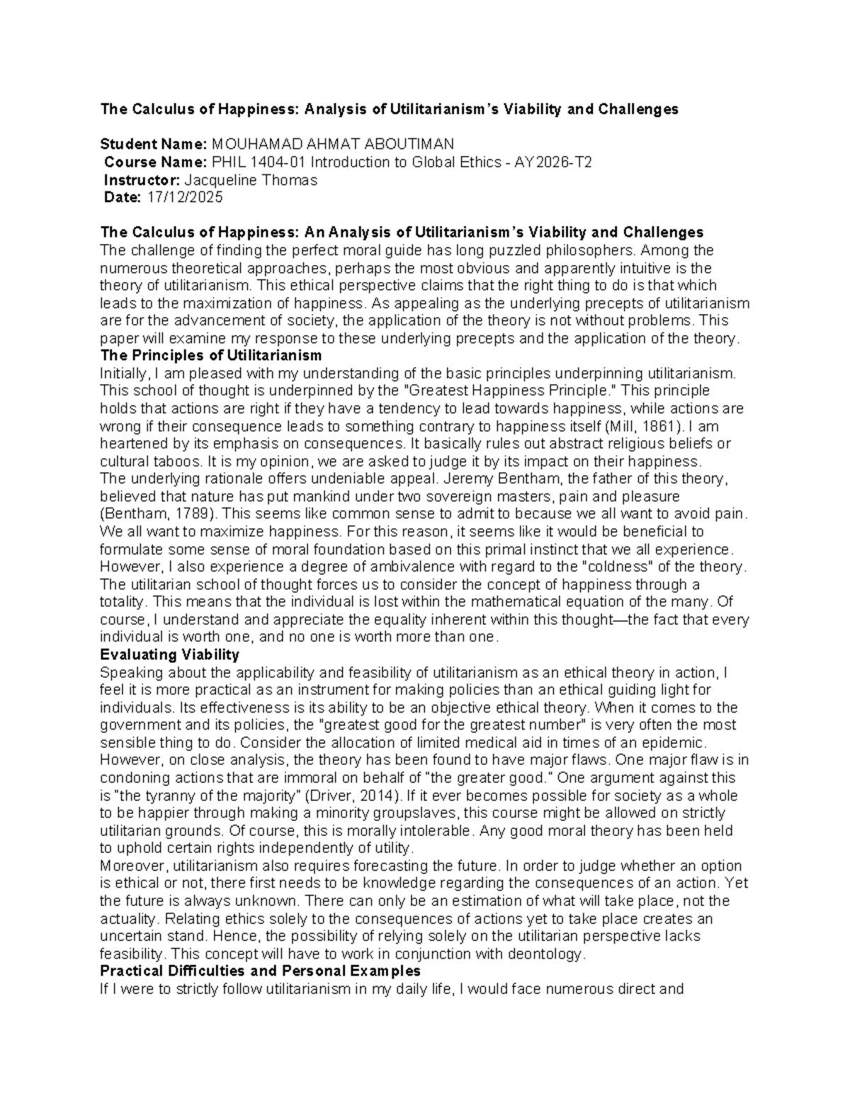 PHIL 101: The Calculus of Happiness - Utilitarianism Analysis - Studocu