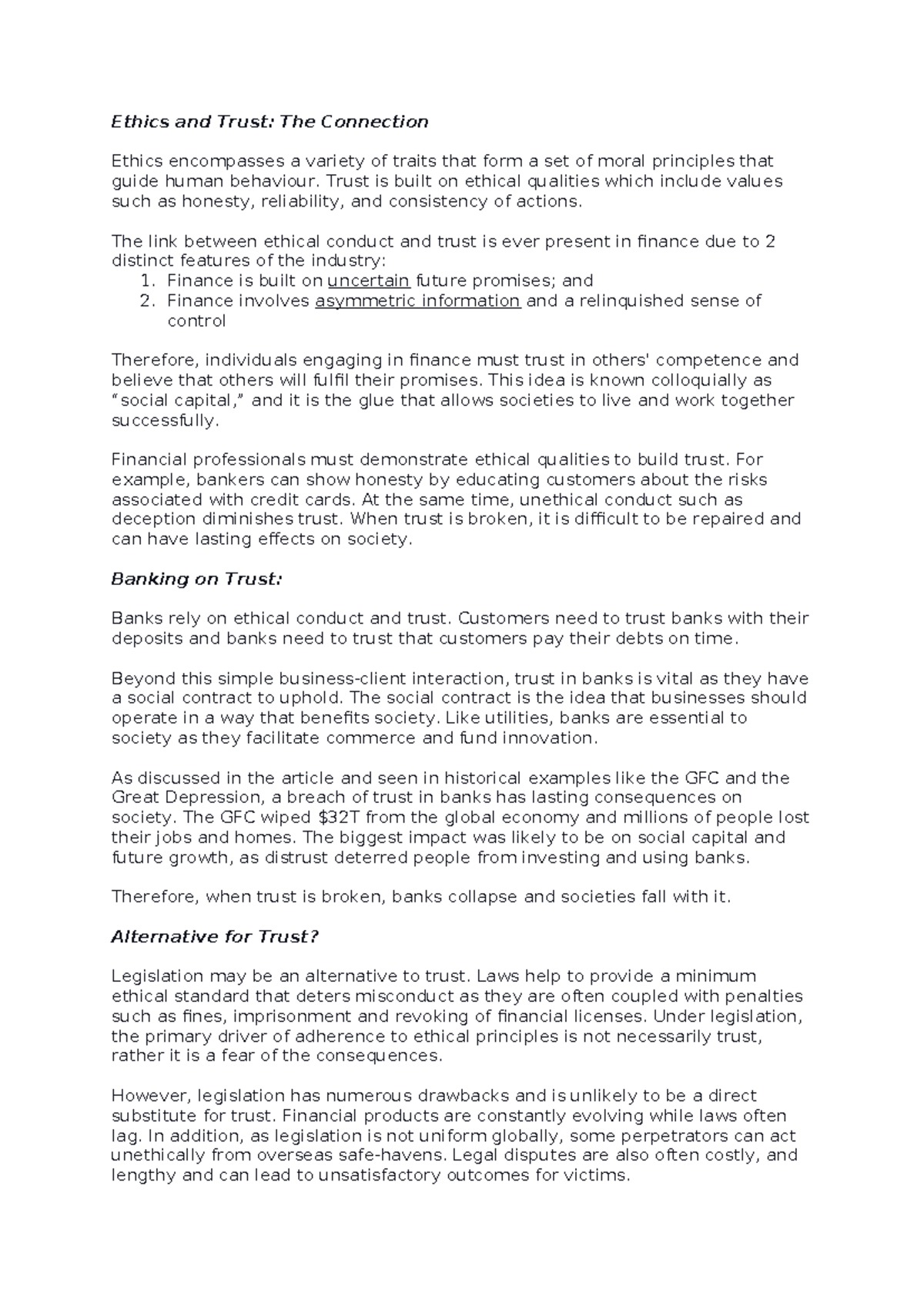Assignment 1 - Trust and Ethics in Finance: Week 1 Notes - Studocu