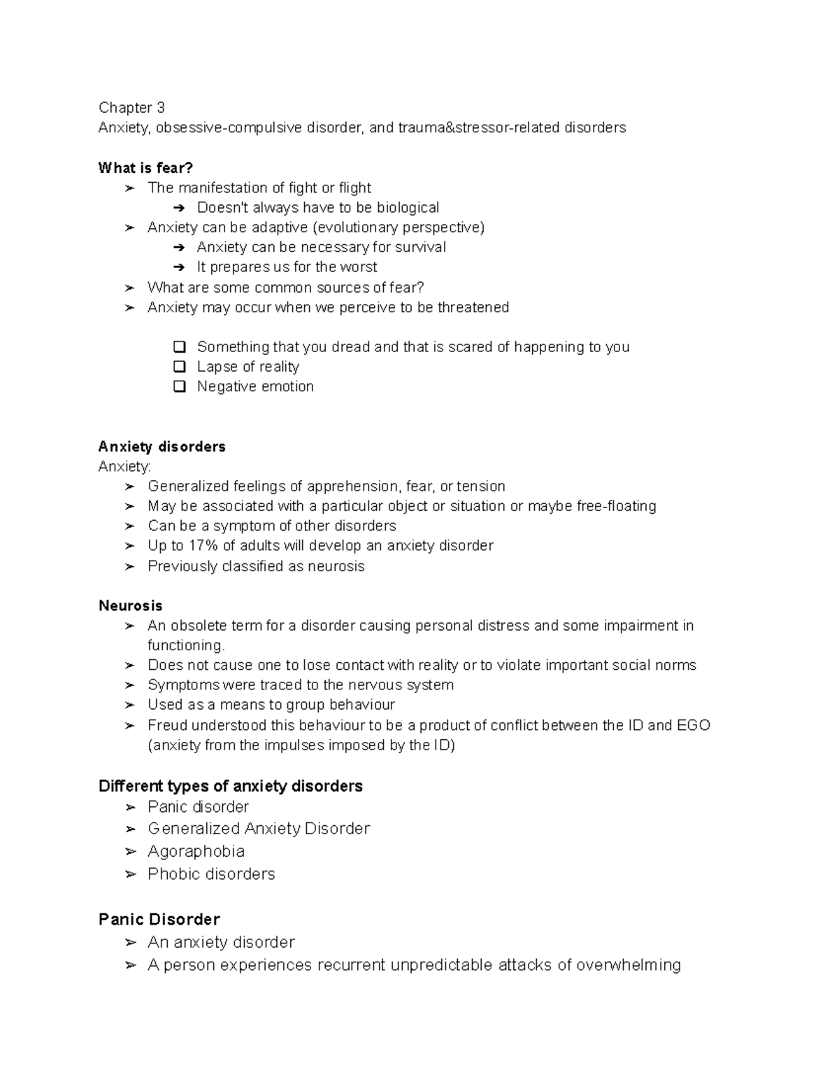 Chapter 3 - Notes for abnormal psych - Chapter 3 Anxiety, obsessive ...