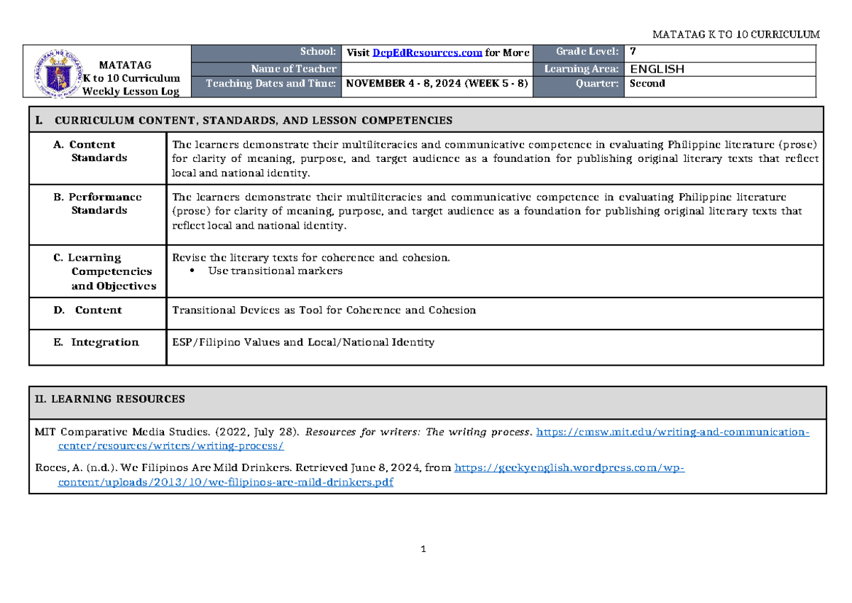 DLL Matatag English 7 Q2 W6 Weekly Lesson Log on Writing Process - Studocu