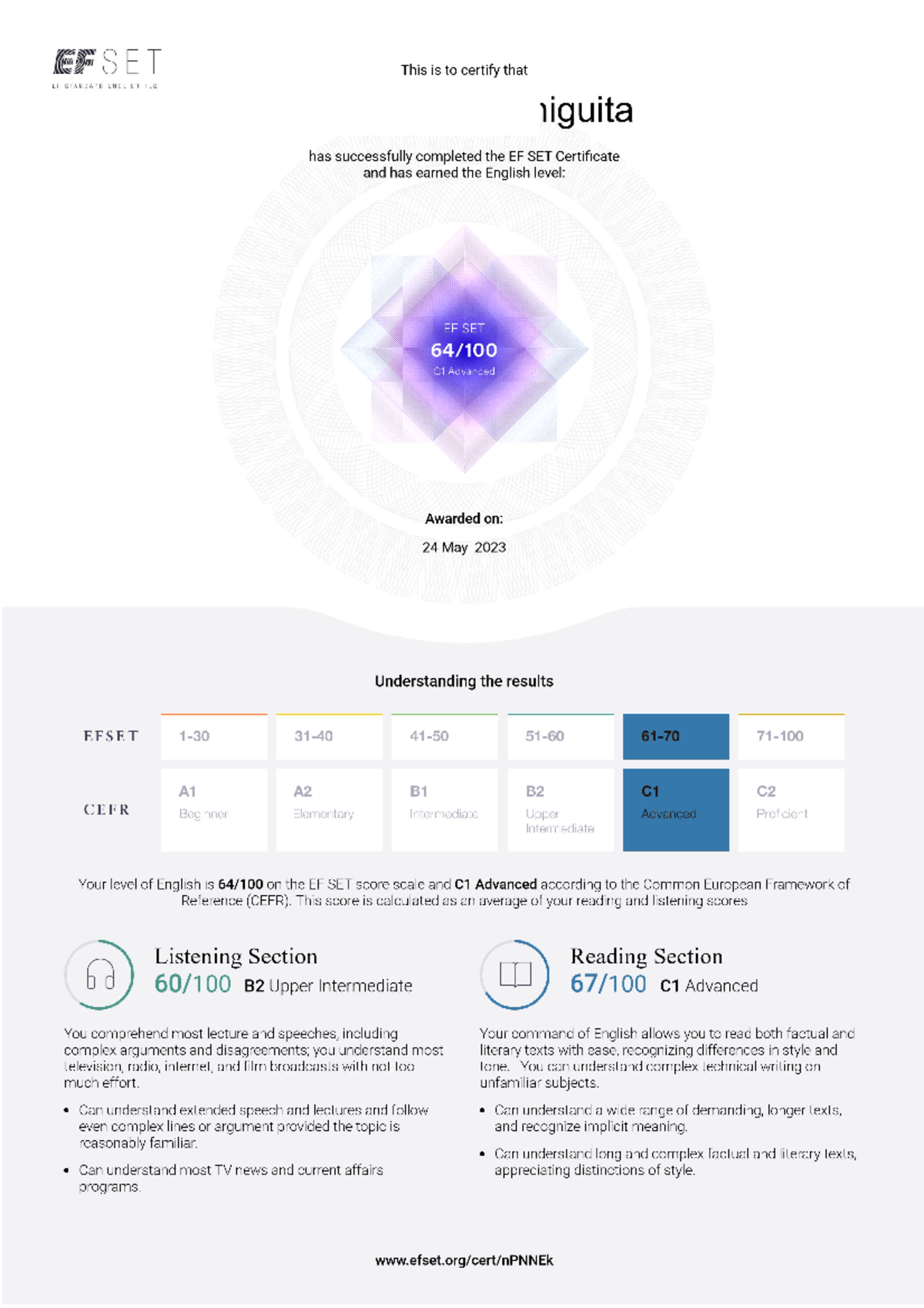 EF SET Test Results and Performance Analysis - Studocu