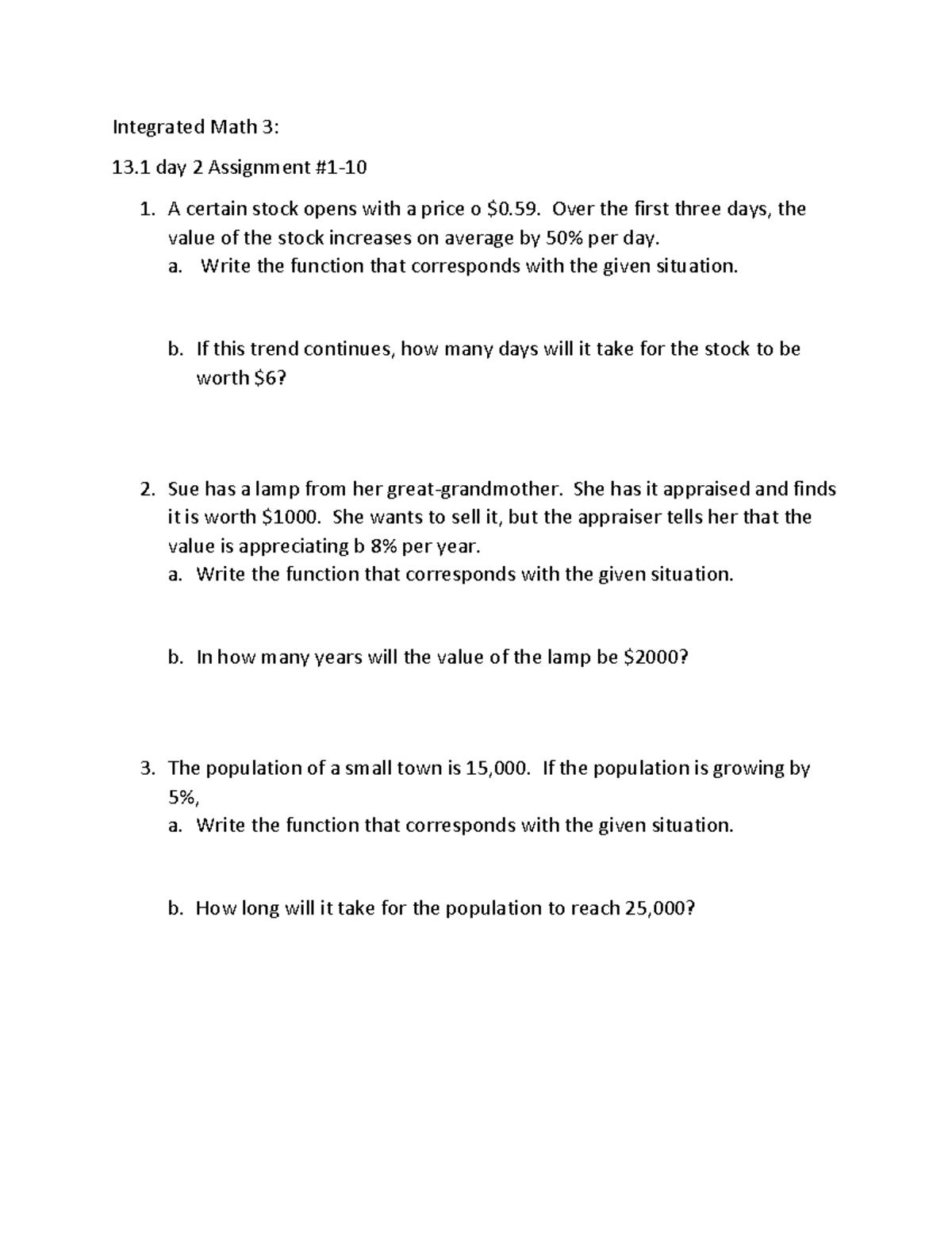 13.1 day 2 Assignment #1-10 - Integrated Math 3: 13. 1 day 2 Assignment ...