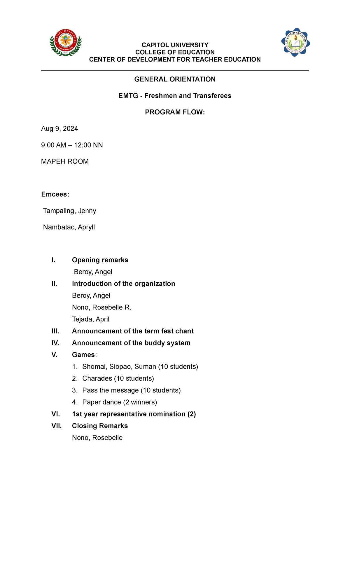 EMTG-program-flow - Program Flow - CAPITOL UNIVERSITY COLLEGE OF ...