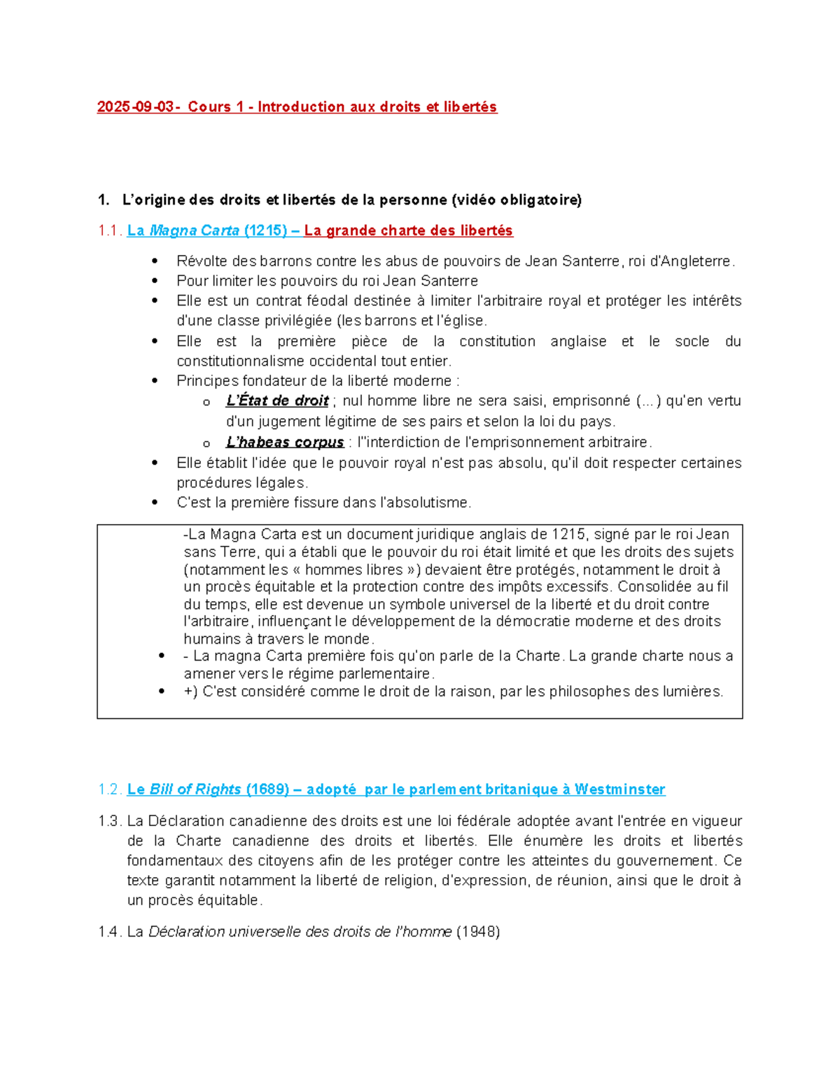 Cours 1 - Introduction aux Droits et Libertés de la Personne - Studocu