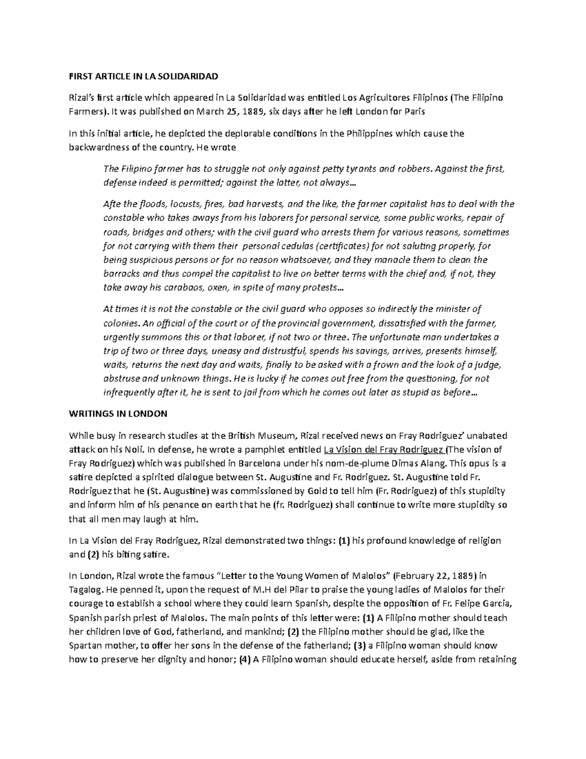 GE 9 Report - Analysis of Rizal's First Article in La Solidaridad - Studocu