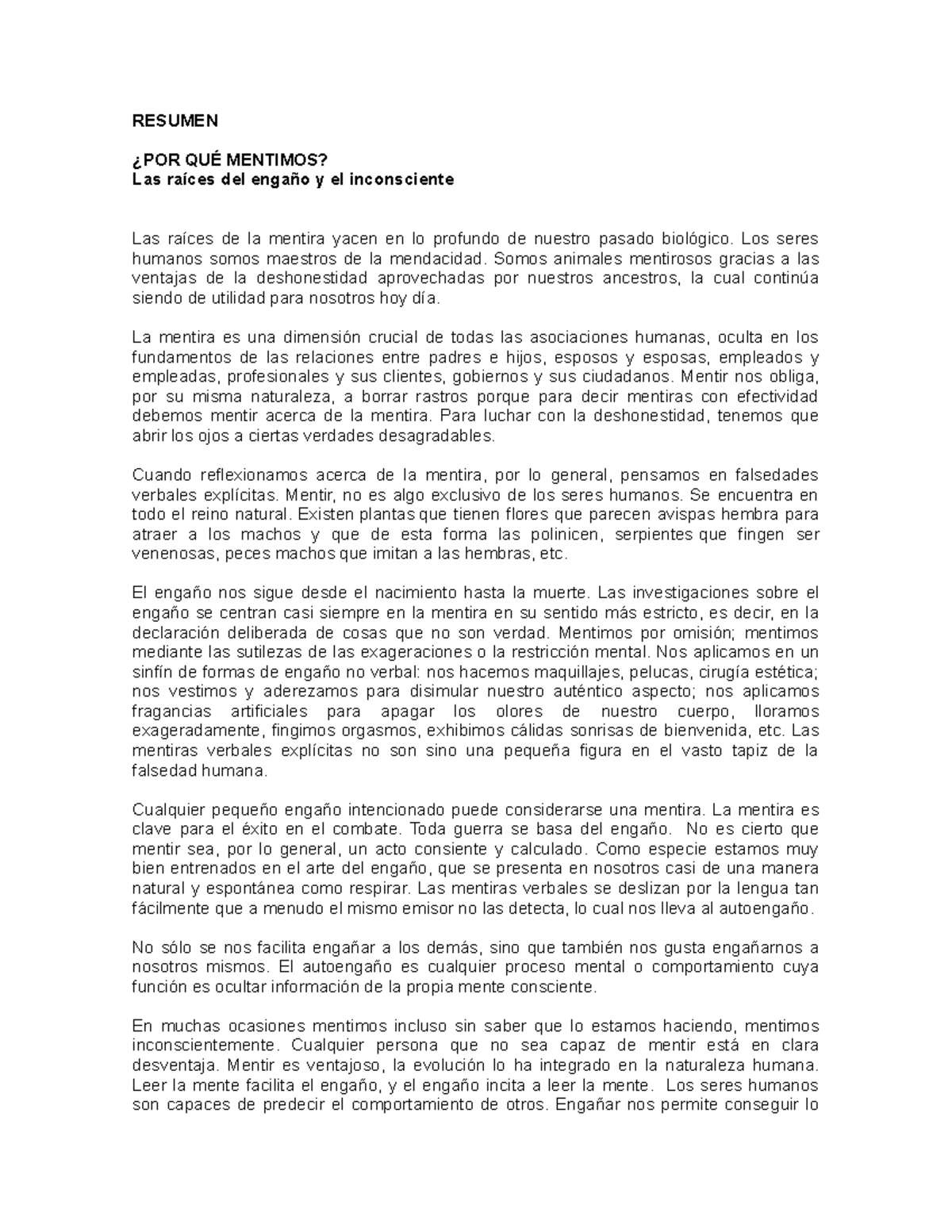 Por qué mentimos: Raíces del Engaño y Autoengaño en Humanos - Studocu