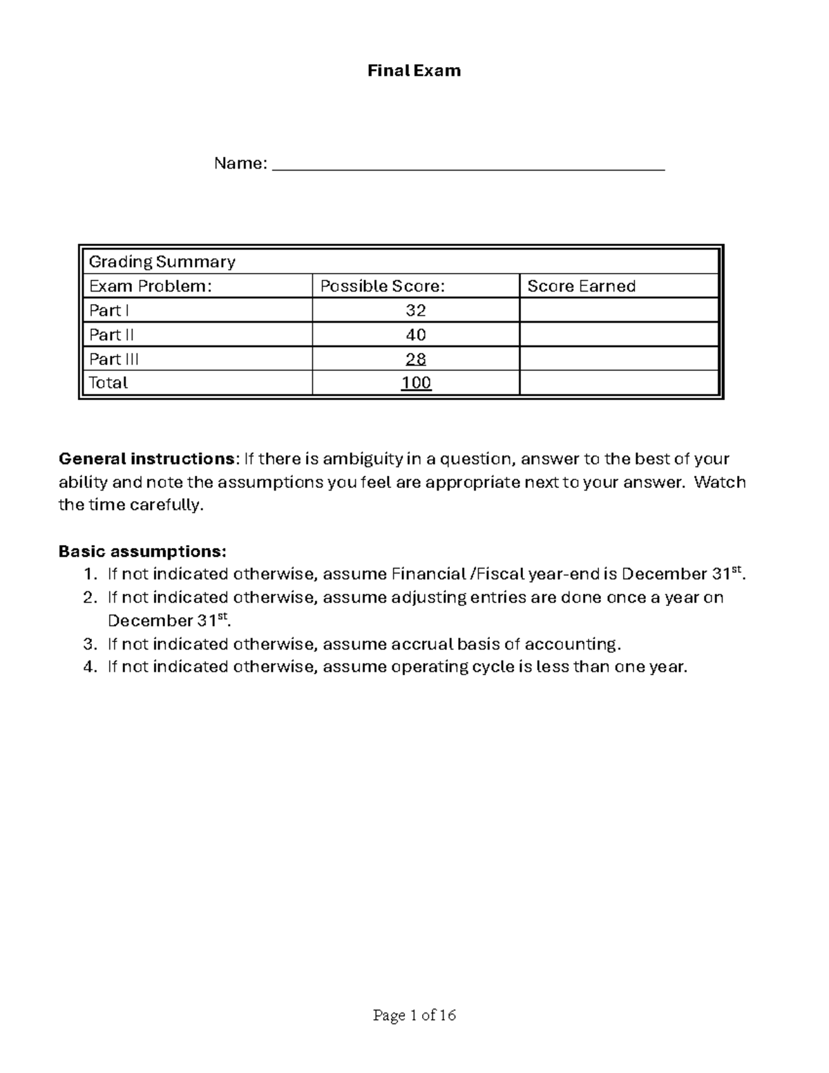 Final exam Sample 2 - test sampple - Final Exam Name