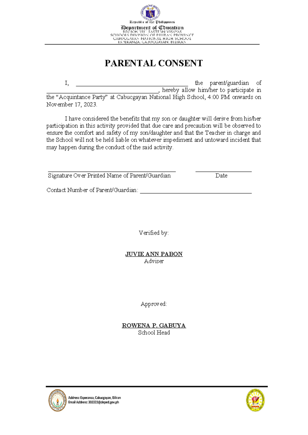 Parental Consent Form for Acquaintance Party at CNHS - Studocu