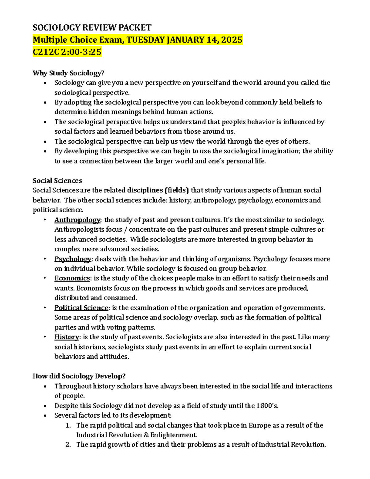 Final Exam Review Packet for Sociology (SOC 101) - Studocu