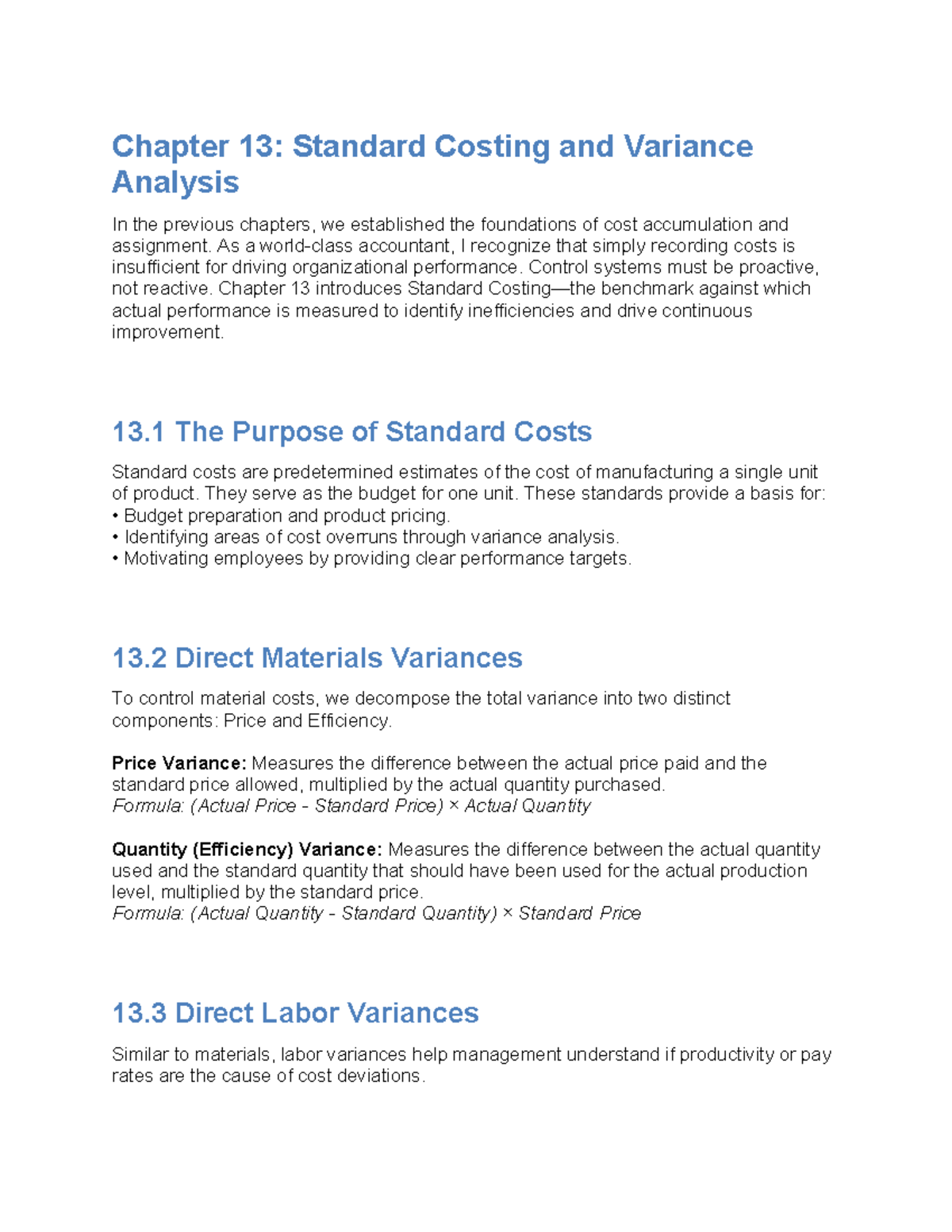 Cost Accounting Chapter 13: Standard Costing & Variance Analysis - Studocu