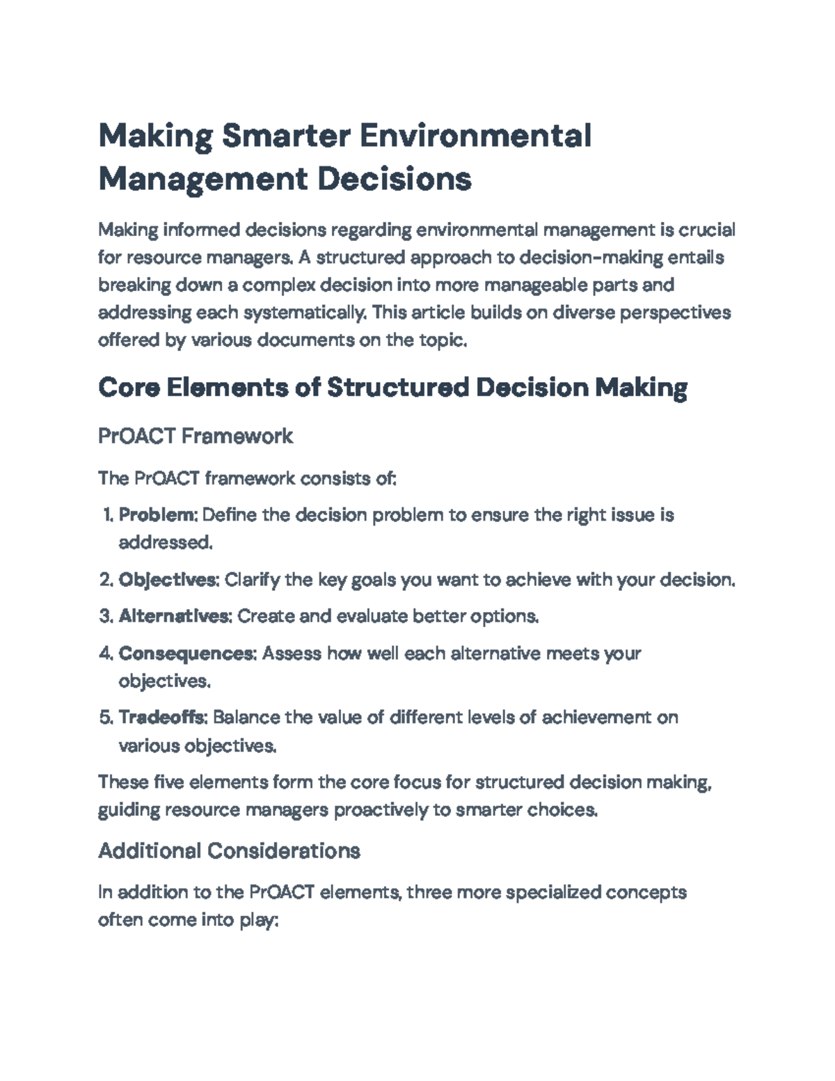 Structured Decision Making in Environmental Management: PrOACT ...