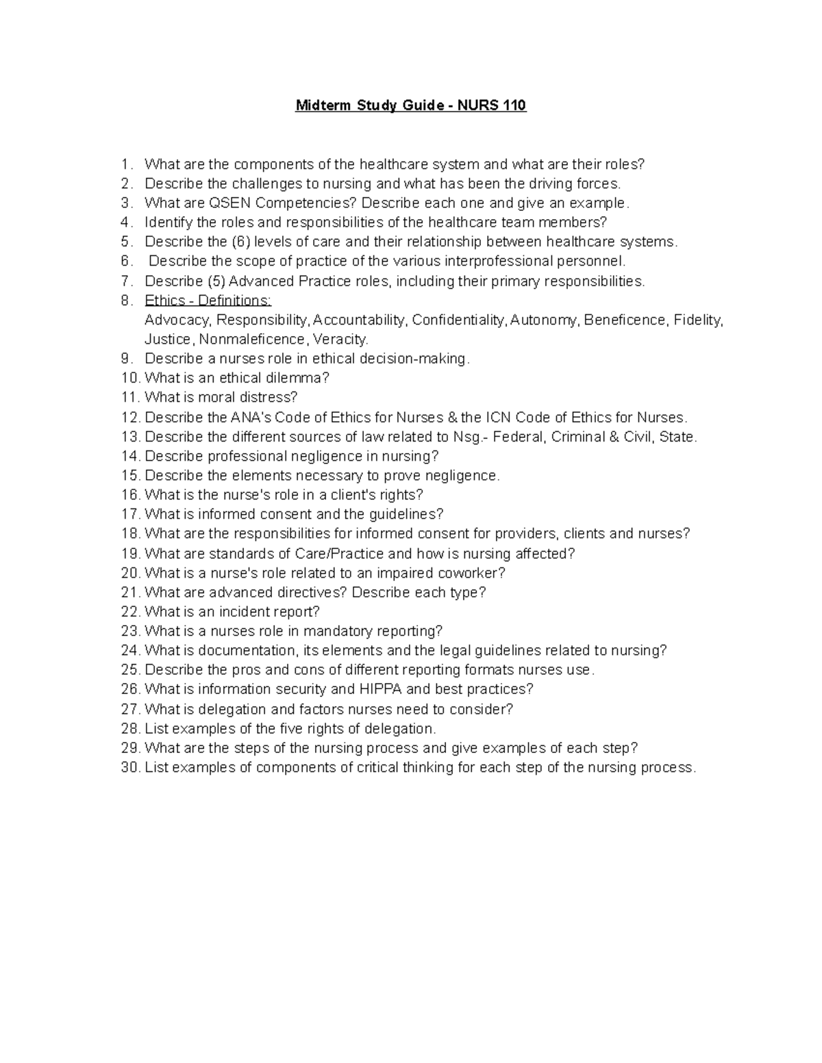 Midterm Study Guide for NURS 110: Key Concepts in Nursing Ethics & Law ...