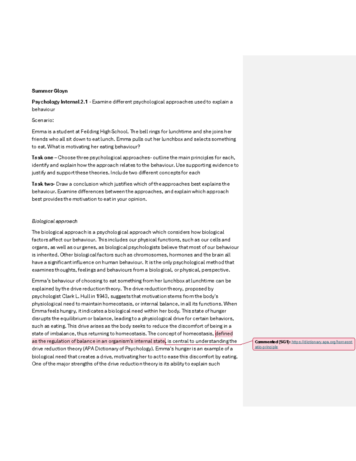 Psychology Internal 2.1: Examining Psychological Approaches to Eating ...