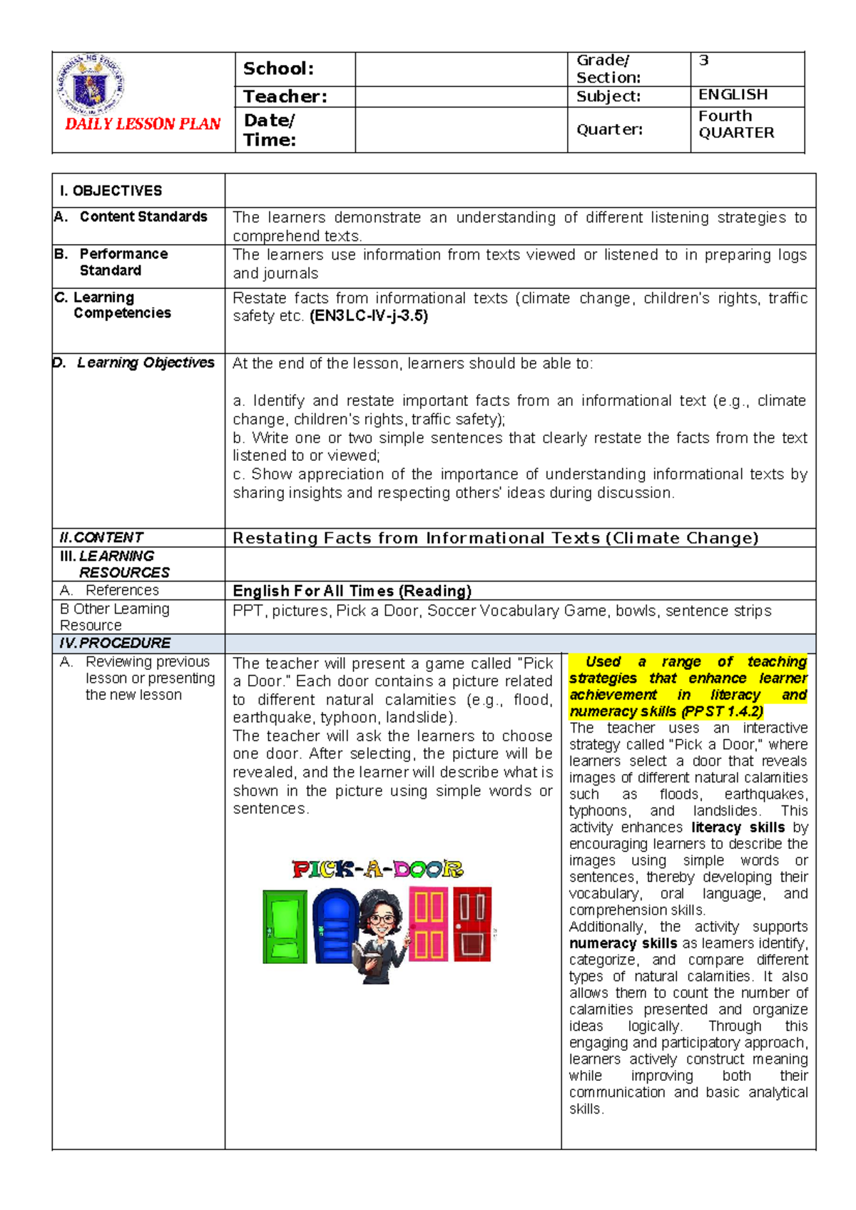 ENG 3 Daily Lesson Plan: Restating Facts from Informational Texts - Studocu