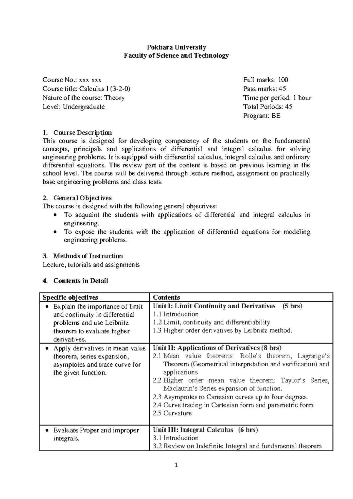 Calculus I Syllabus - BE Course No.: 101 - Studocu