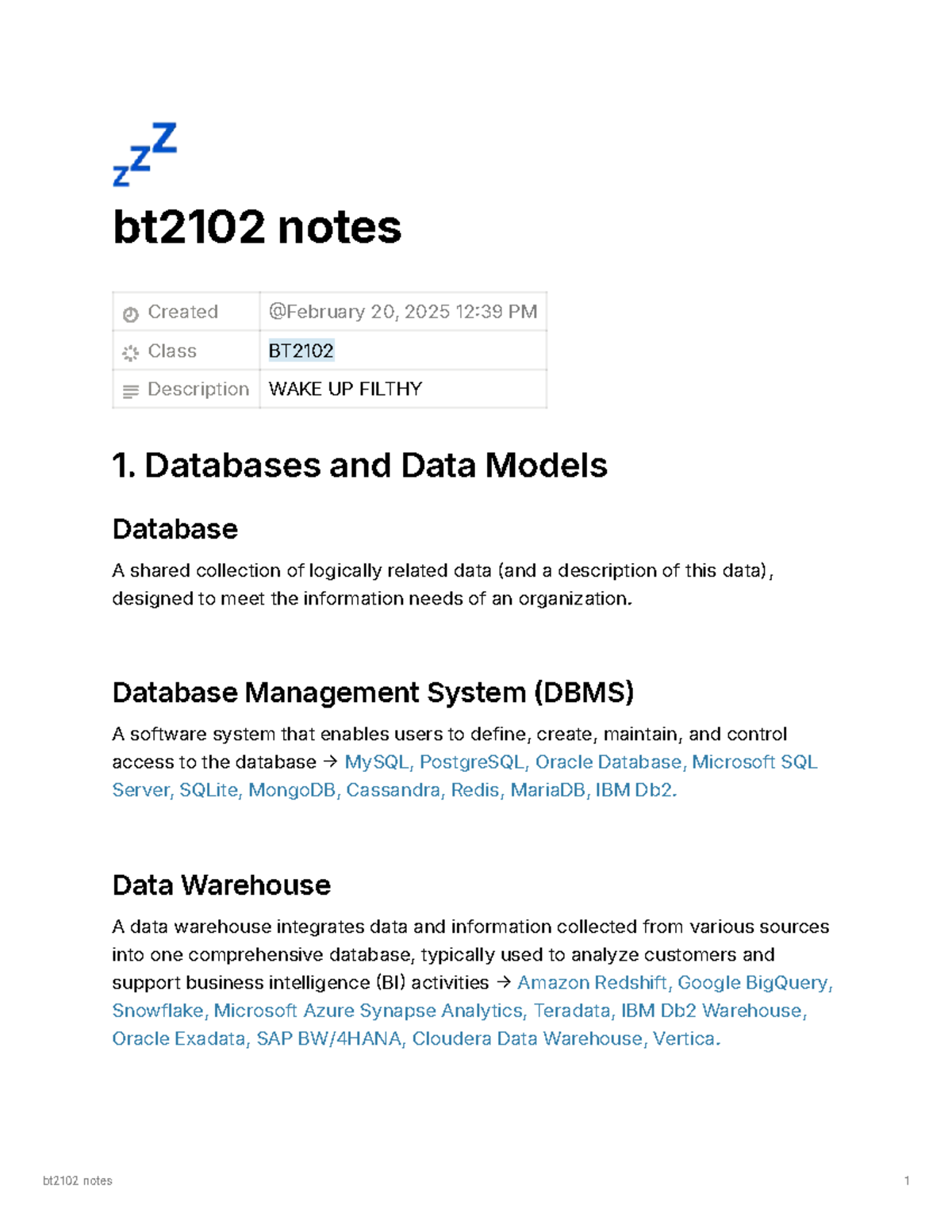 BT2102 Final Exam Notes: Databases, Data Models & Design - Studocu