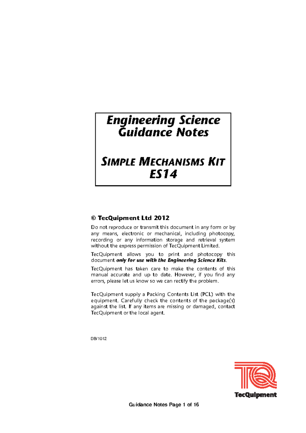 ES14 Guidance Notes on Basic Mech. for Engineering Science Kits - Studocu