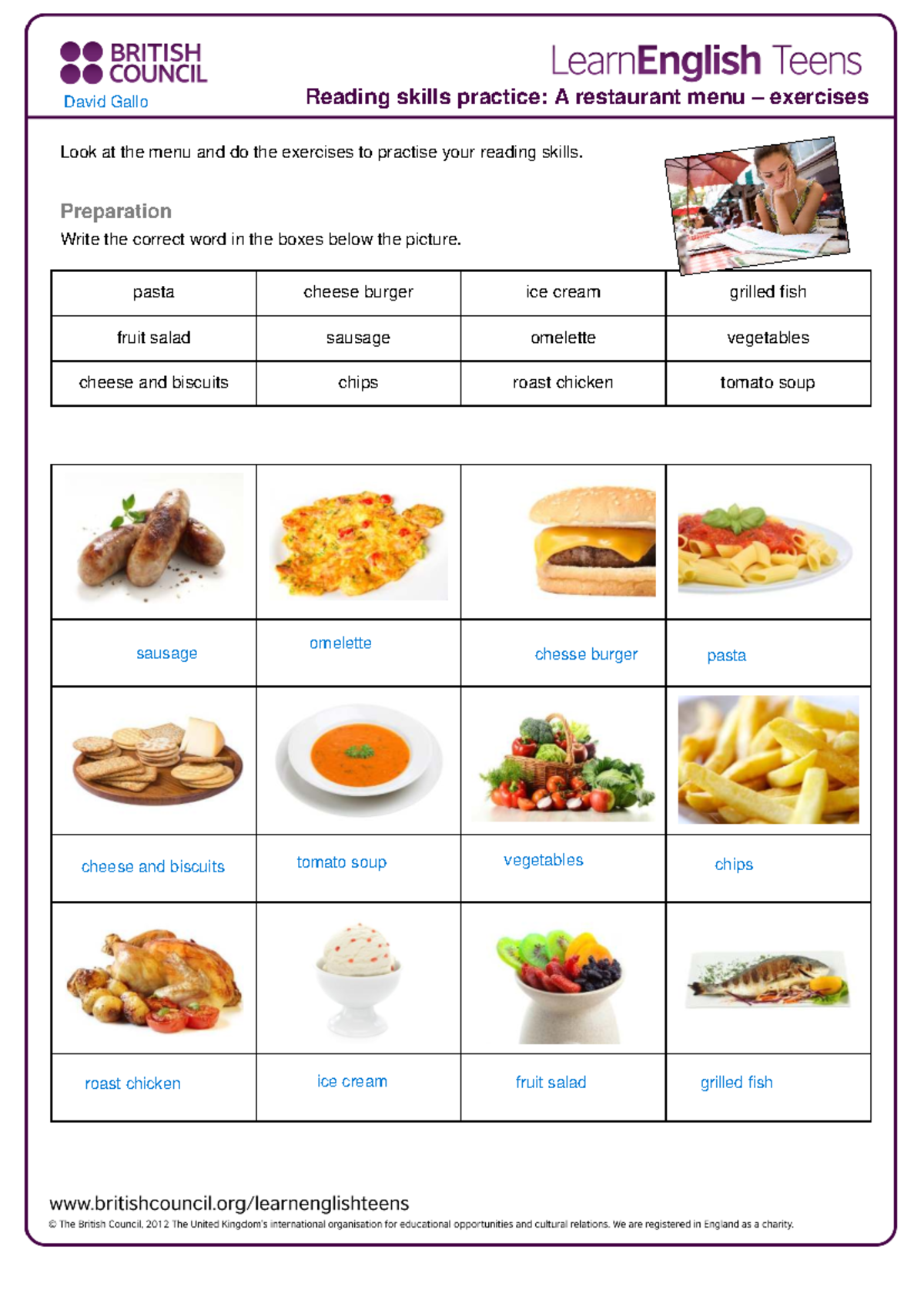 Reading Skills Practice: Restaurant Menu Exercises (Gallo) - Studocu