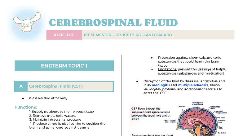 CEREBROSPINAL FLUID LEC 1ST SEMESTER NOTES BY DR. KIETH ROLLAND PACARO ...