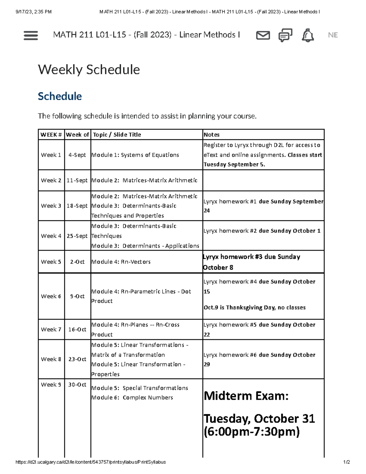 MATH 211 L01-L15 - Fall 2023 Weekly Schedule & Important Dates - Studocu