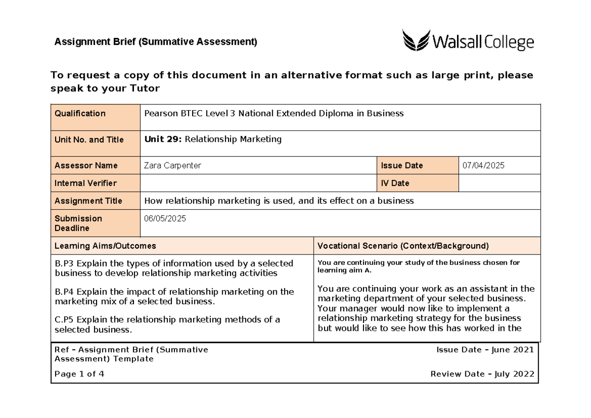 Learning Aim BC assignment brief 12 - To request a copy of this ...
