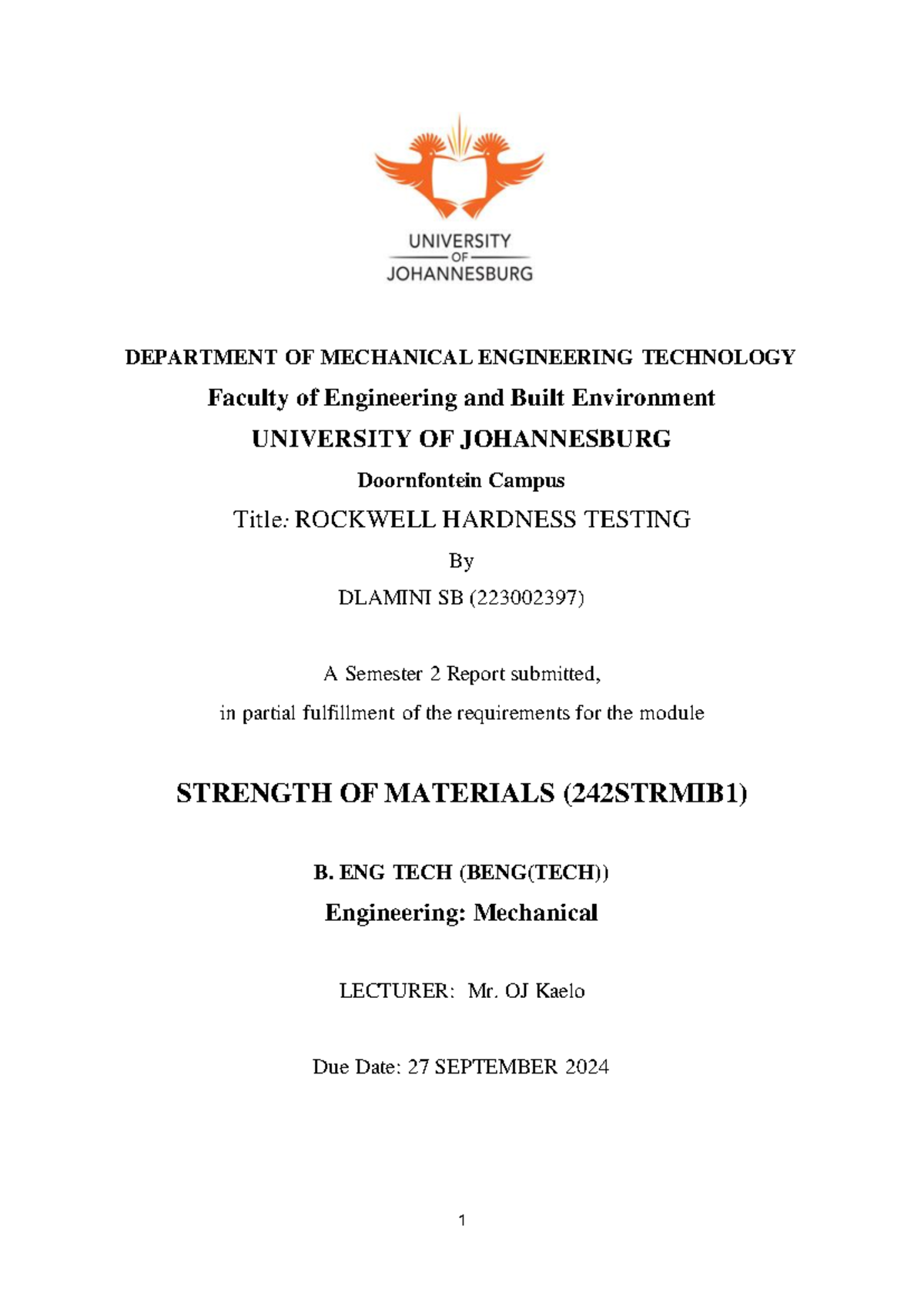 Rockwell hardness testing report for strength of materials (242STRMIB1 ...
