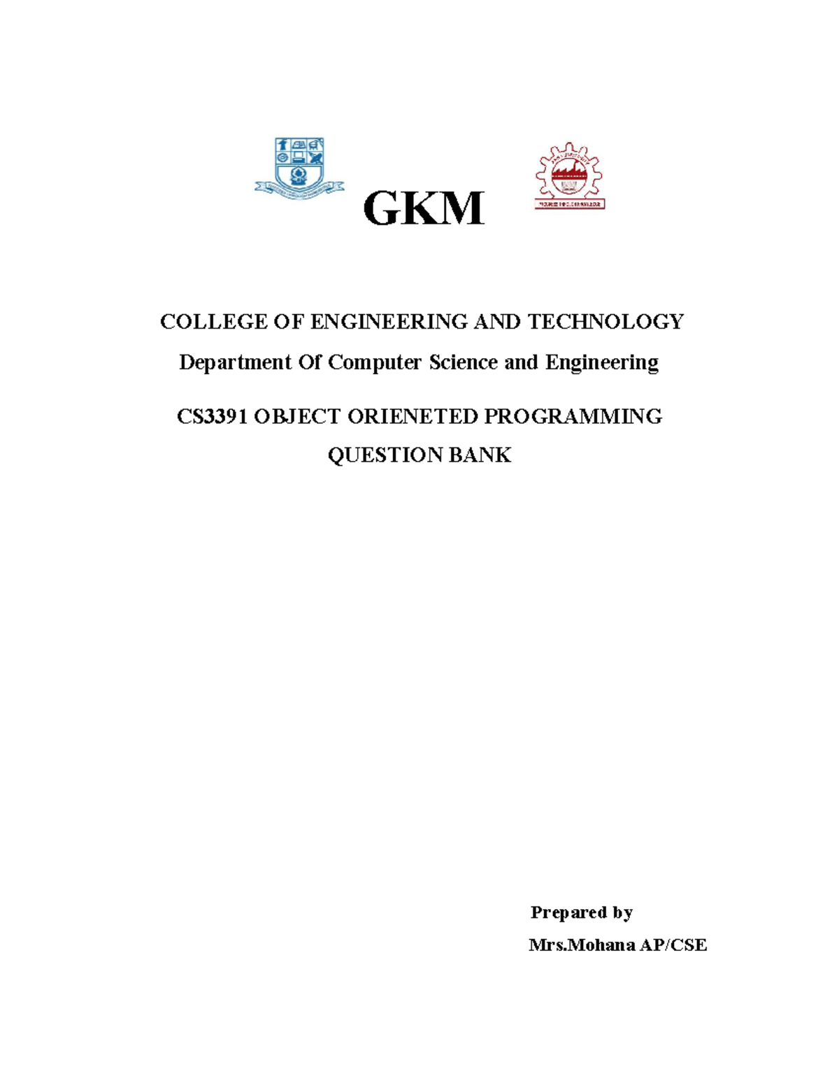 CS3391 OOPS Question BANK - Object Oriented Programming - GKM COLLEGE ...