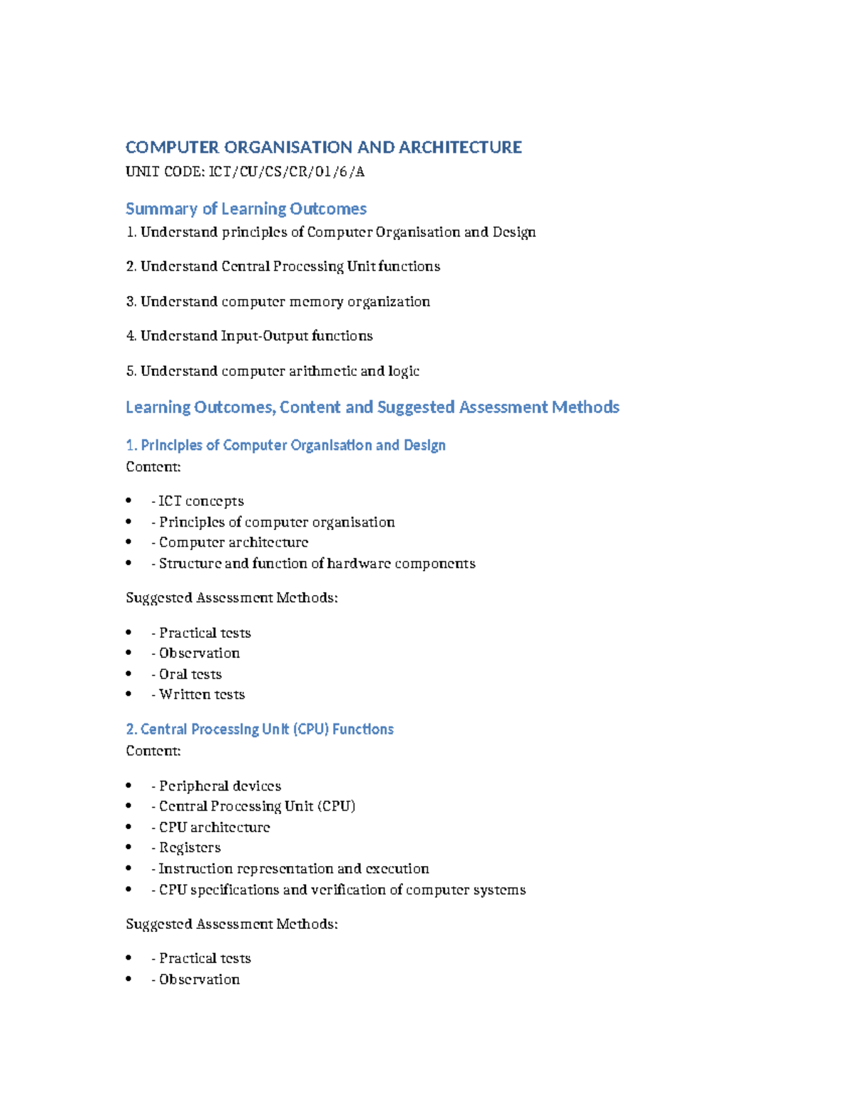 Computer Organisation and Architecture Summary of Learning Outcomes ...