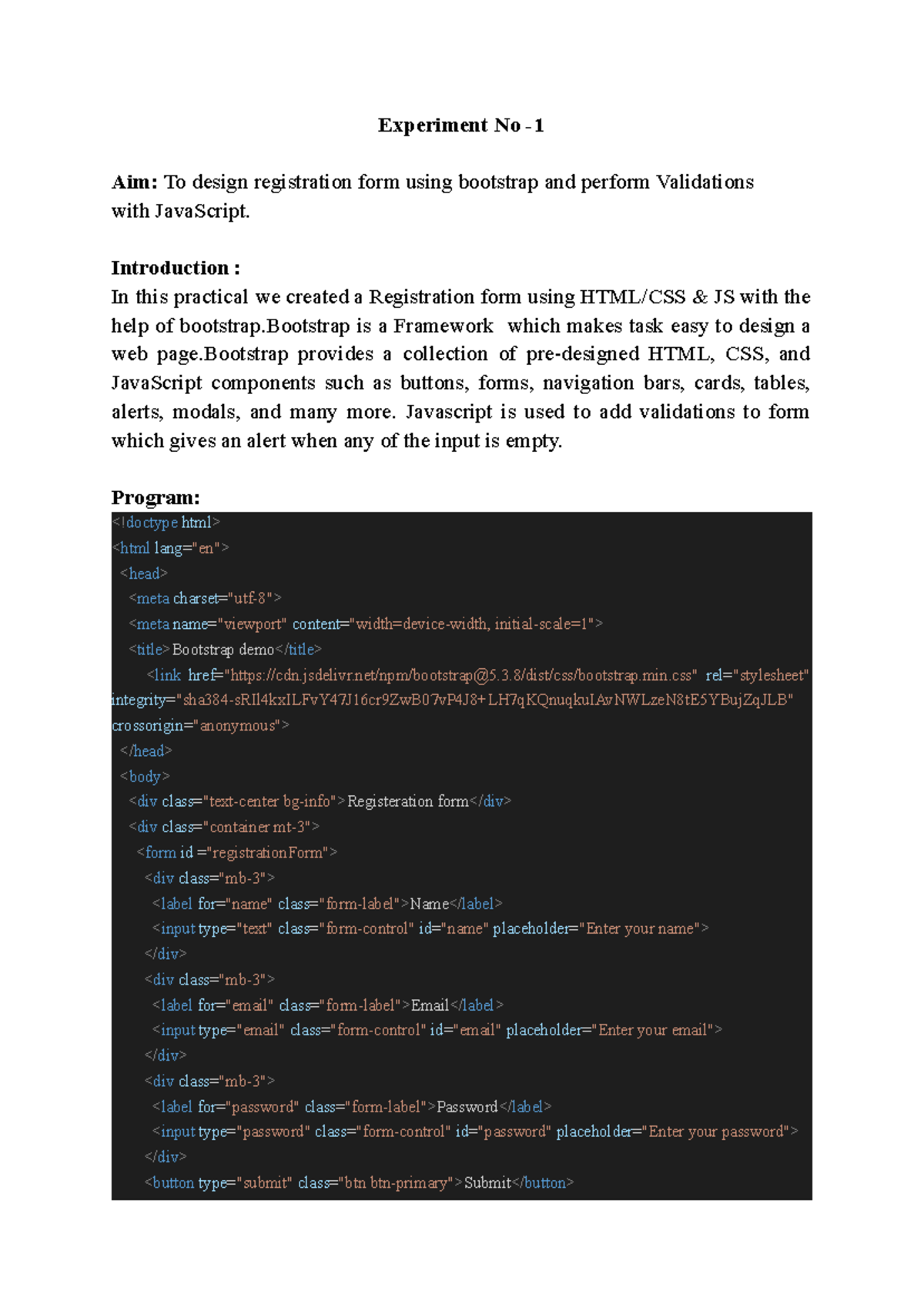 Experiment No 1: Designing a Registration Form with Bootstrap & JS ...