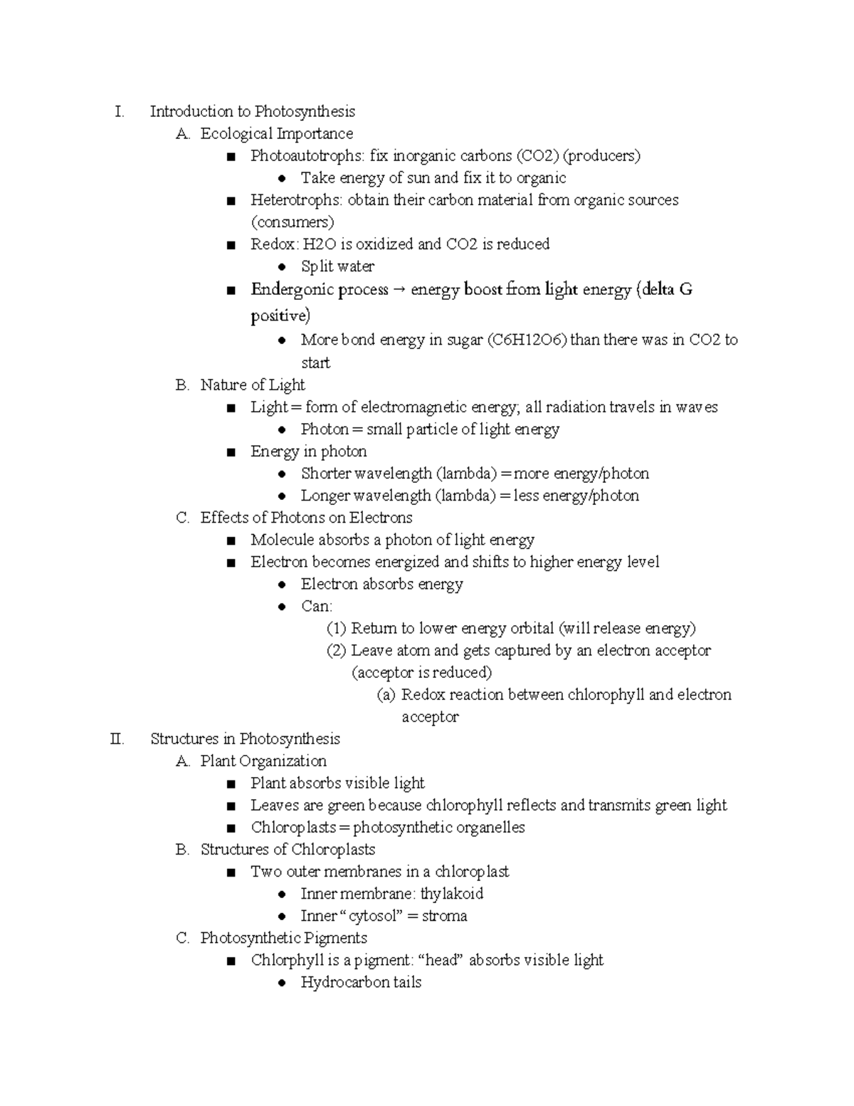 Lecture 8 - 09 - notes - I. Introduction to Photosynthesis A ...