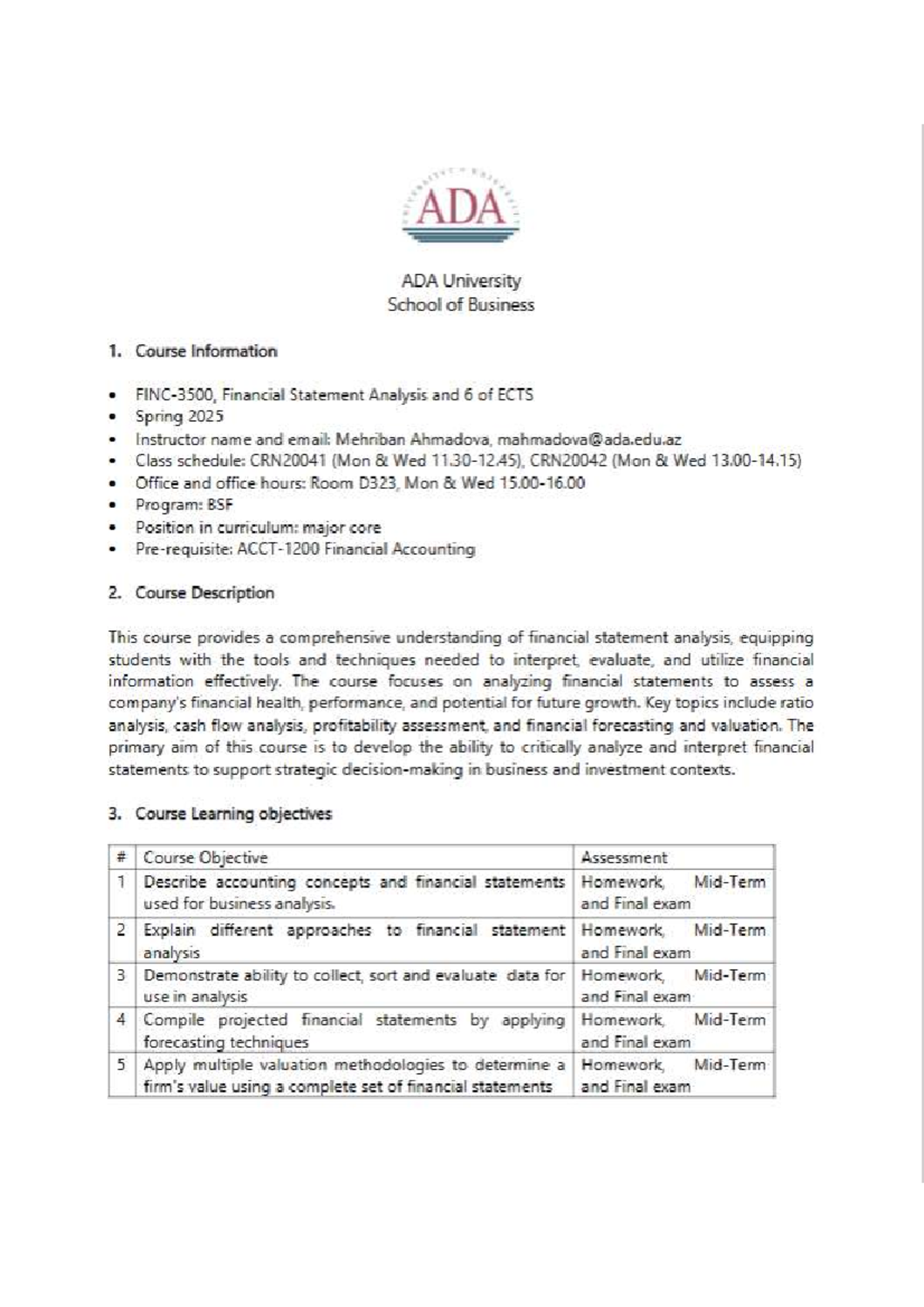 Financial Statement Analysis Course Syllabus (FIN 20041/20042) Spring ...