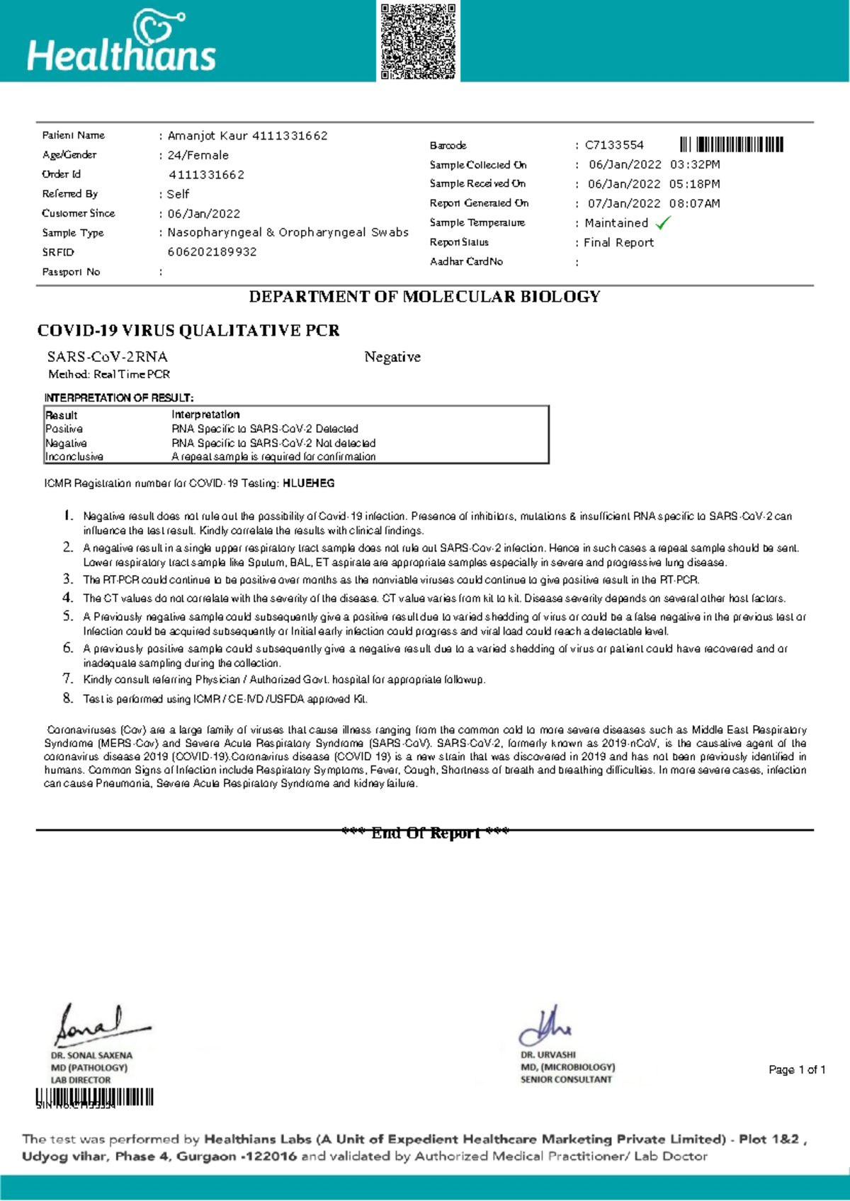 PCR Report for SARS-CoV-2 – Patient Amanjot Kaur (4111331662) - Studocu