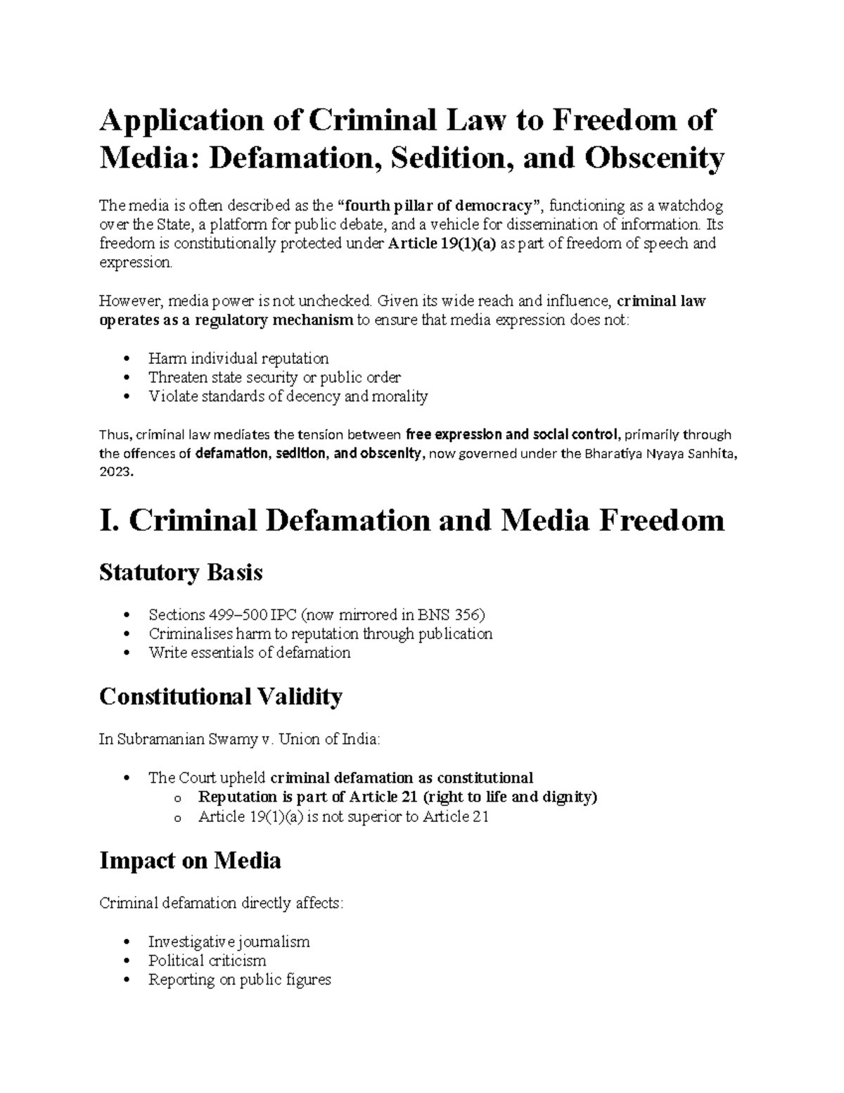 Media Law and Criminal Justice: Defamation, Sedition, and Obscenity ...
