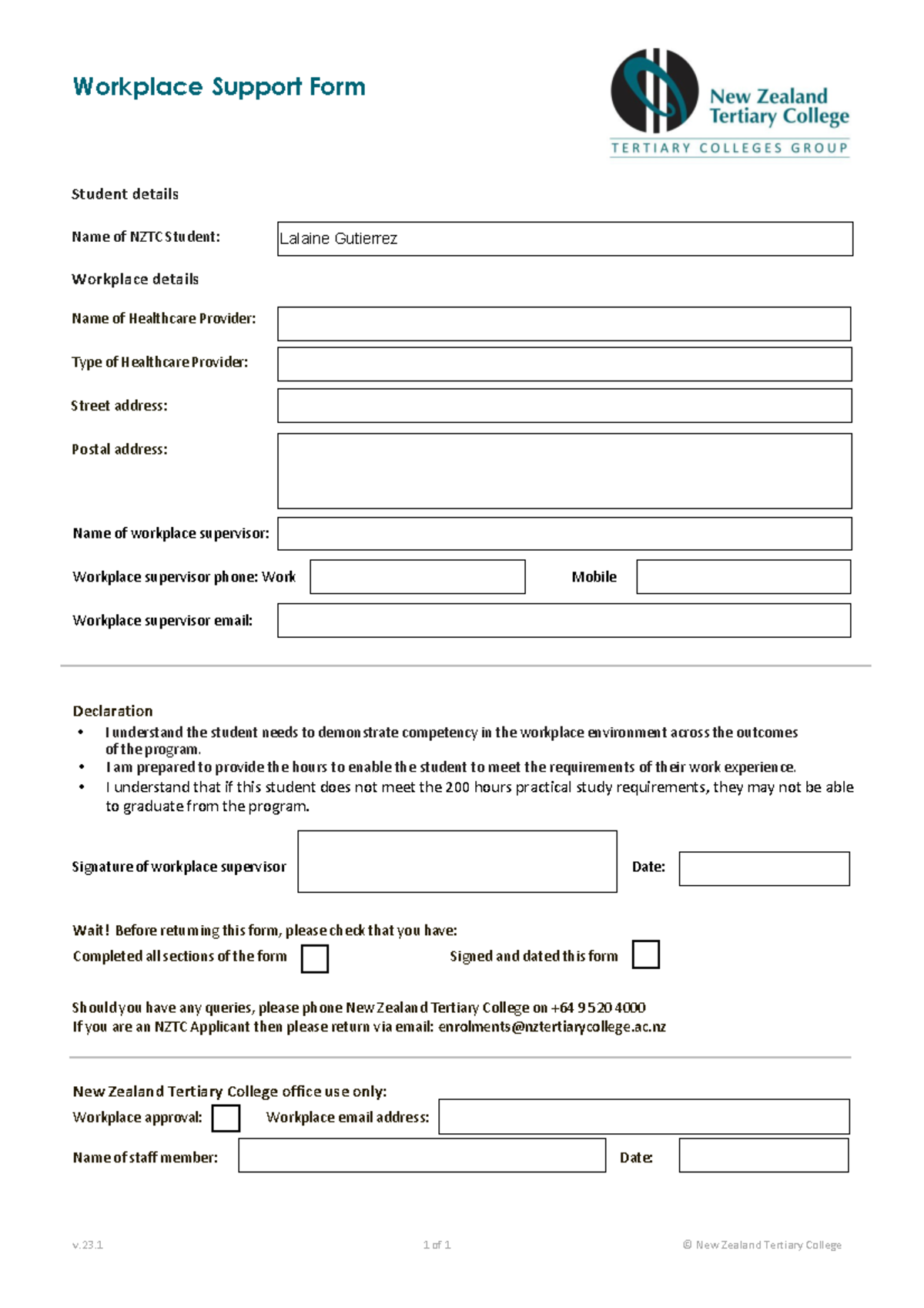 NZTC Workplace Support Form for Student Competency Evaluation - Studocu