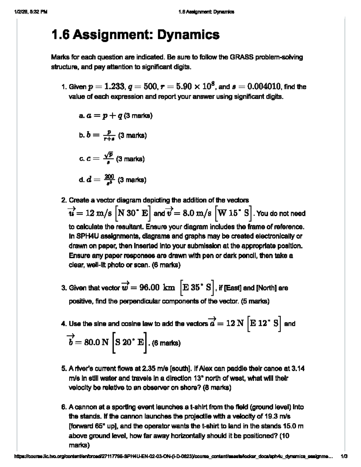 SPH4U 1.6 Assignment: Dynamics and Vector Analysis - Studocu