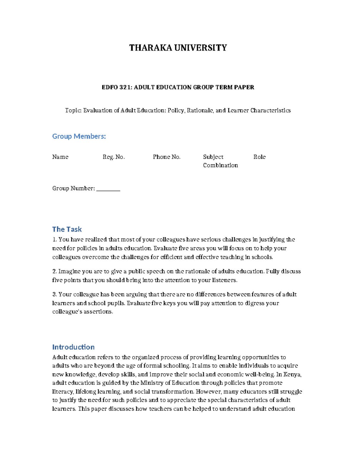 EDFO 321: Evaluation of Adult Education Policies and Rationale Term ...