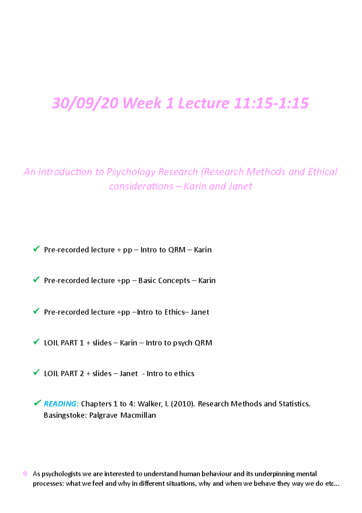 QRM 1001 Week 1 Lecture Notes: Intro to Psych Research & Ethics - Studocu