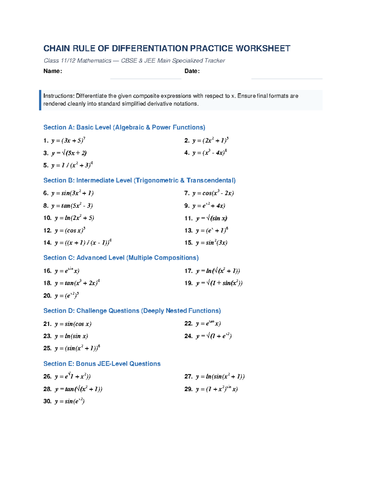 Chain Rule of Differentiation Practice Worksheet - Mathematics CBSE JEE ...