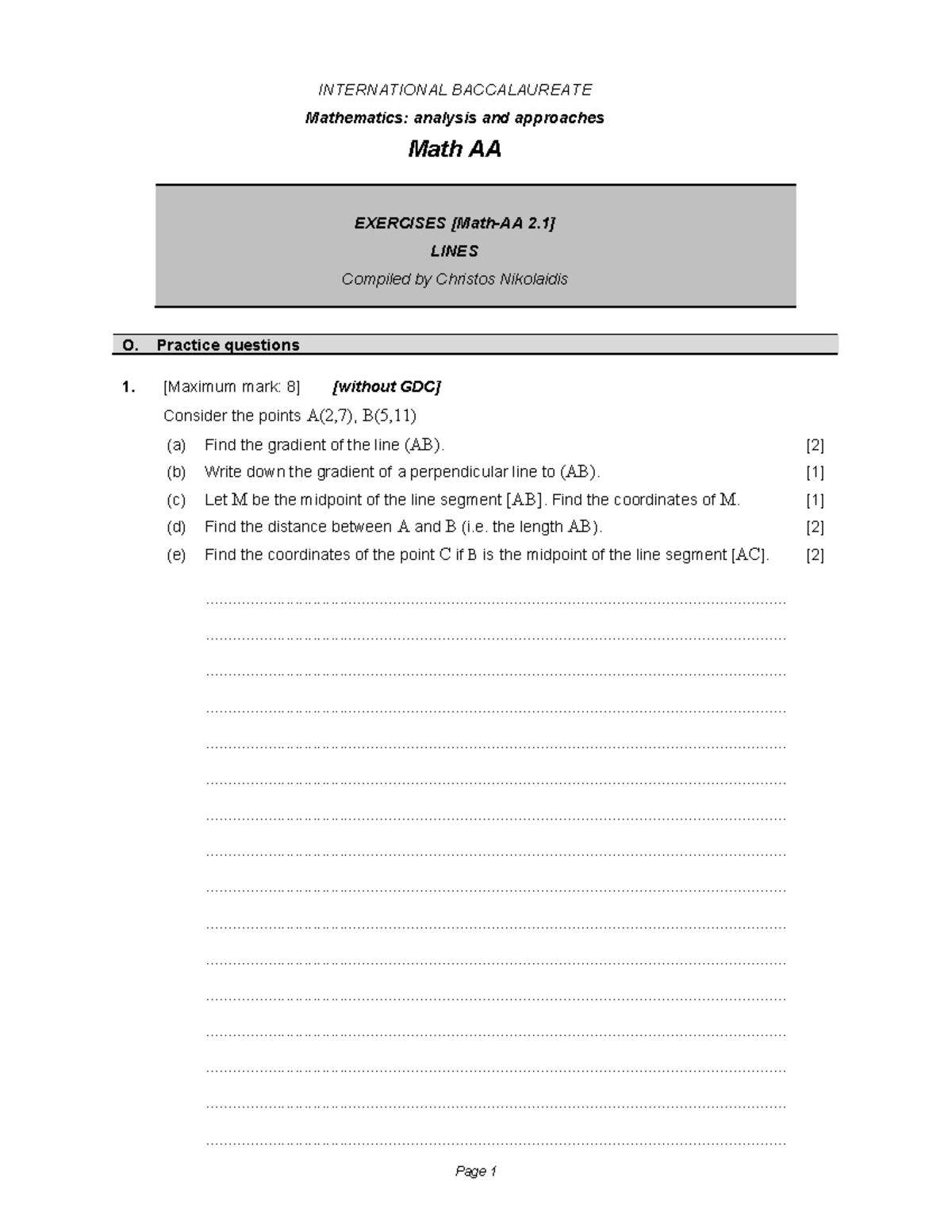 Math AA Exercises on Lines: Gradient, Midpoint, and Distance - Studocu