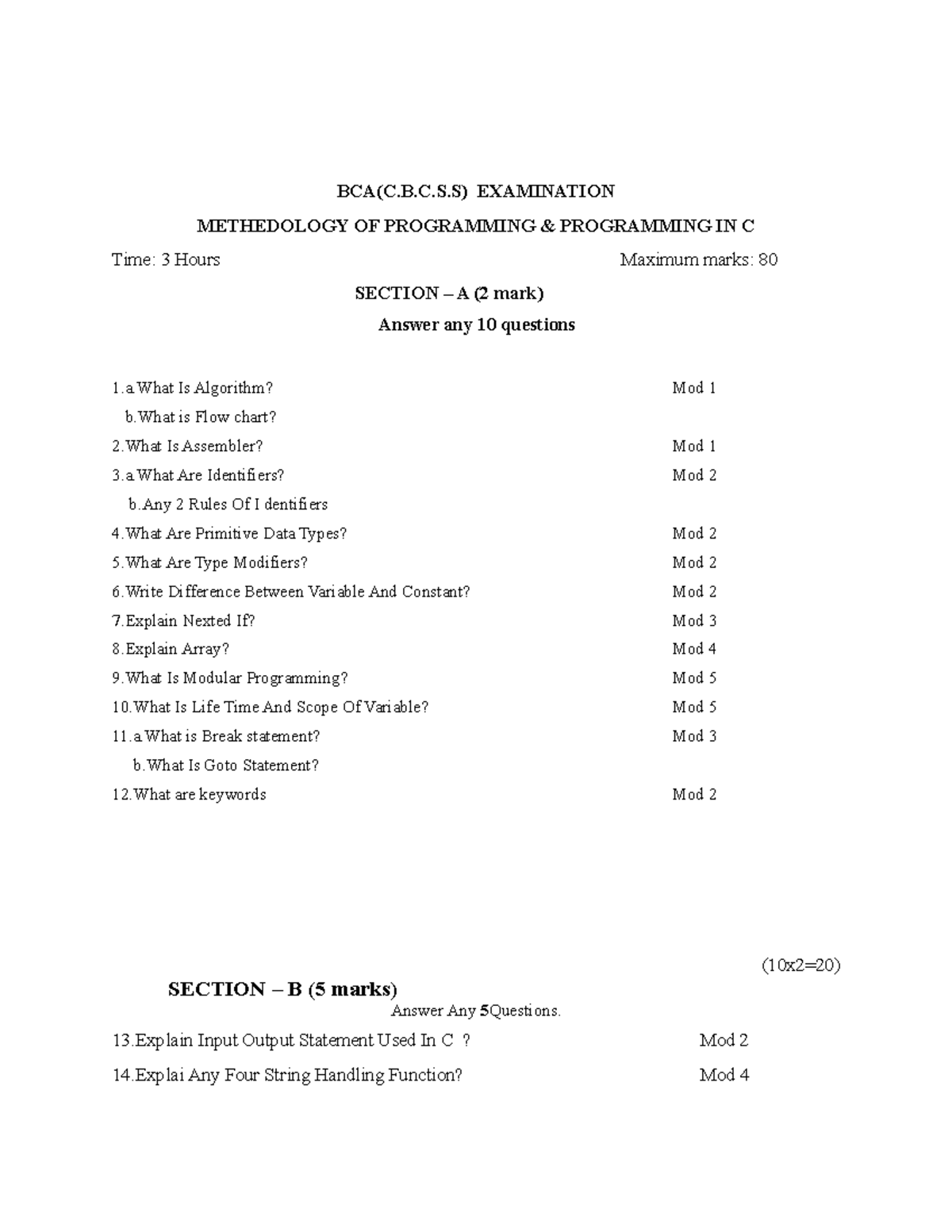 BCA C Programming Methodology - SET 1 Question Bank - Studocu