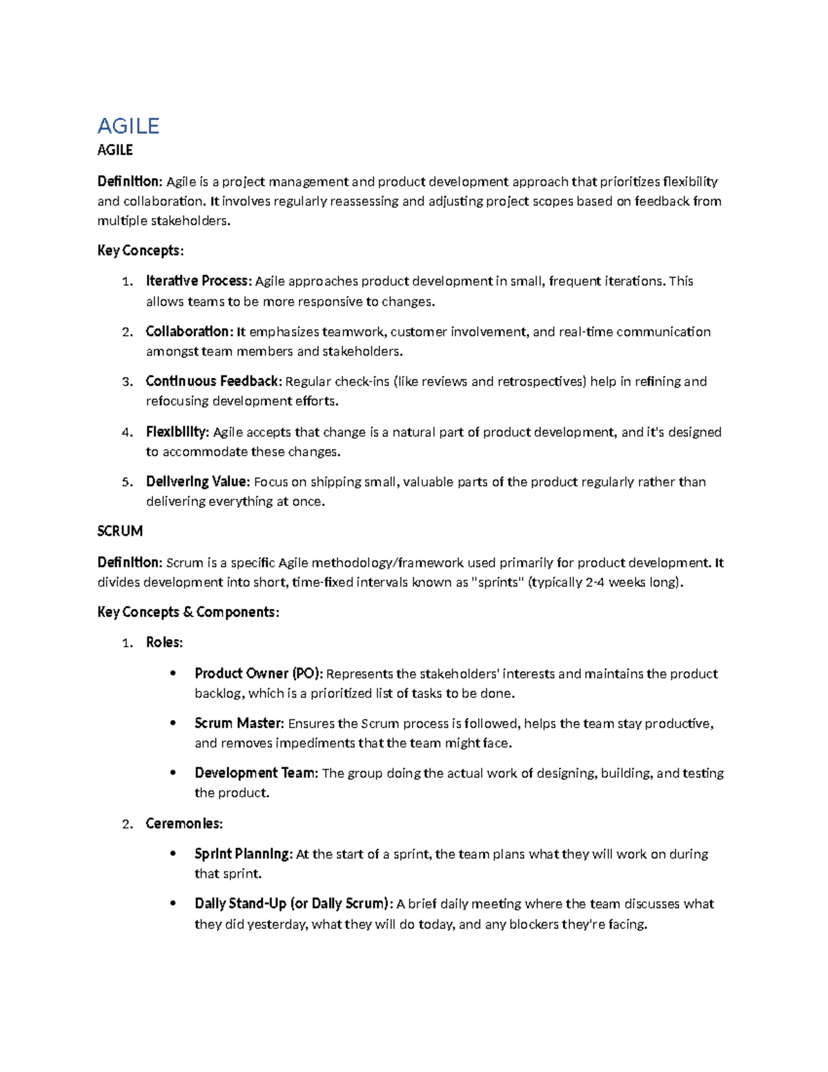 Summary of agile and scrum - AGILE AGILE Definition: Agile is a project ...