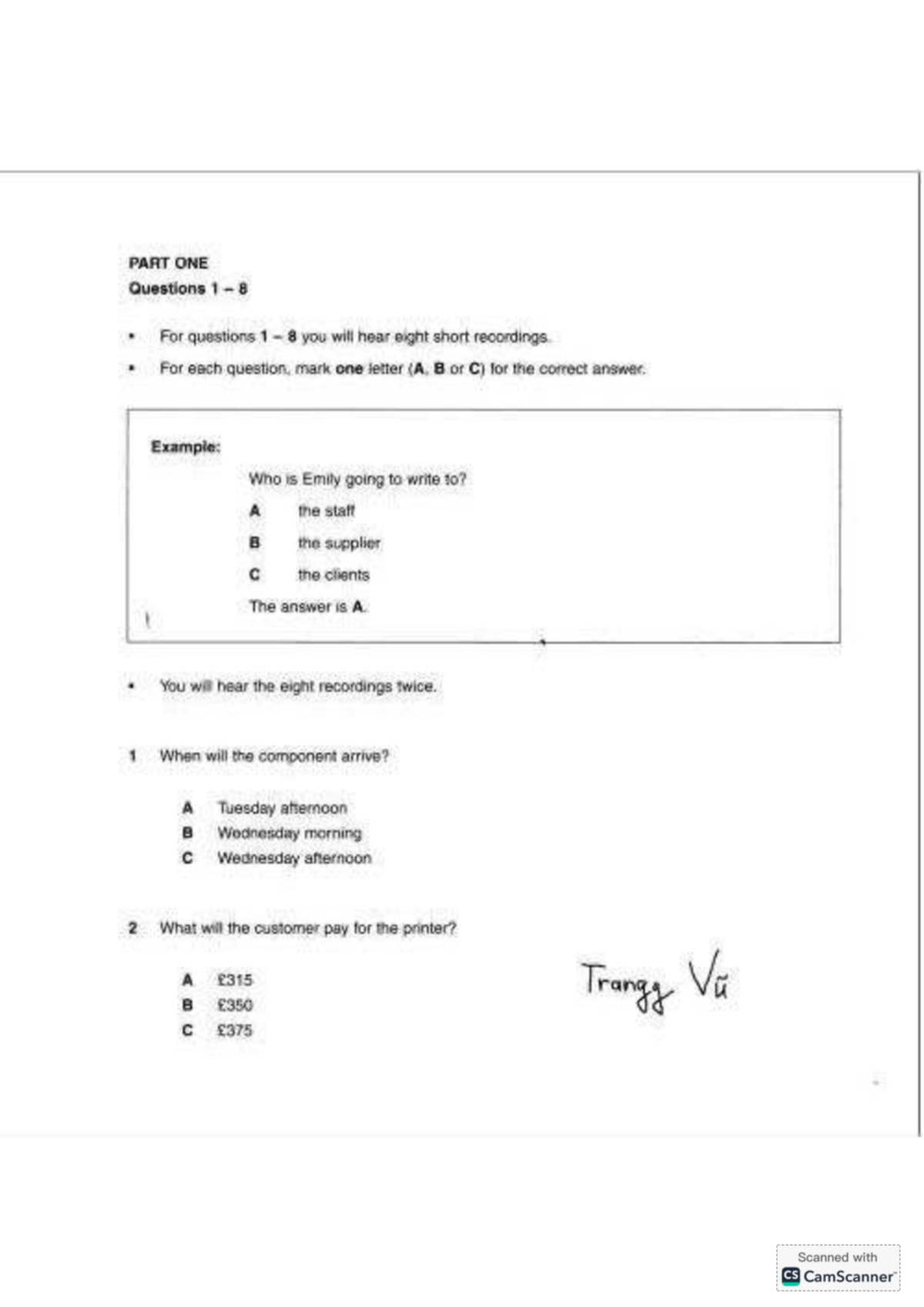 Listening Test 1: Questions & Answers for Course Code Trangy Va - Studocu