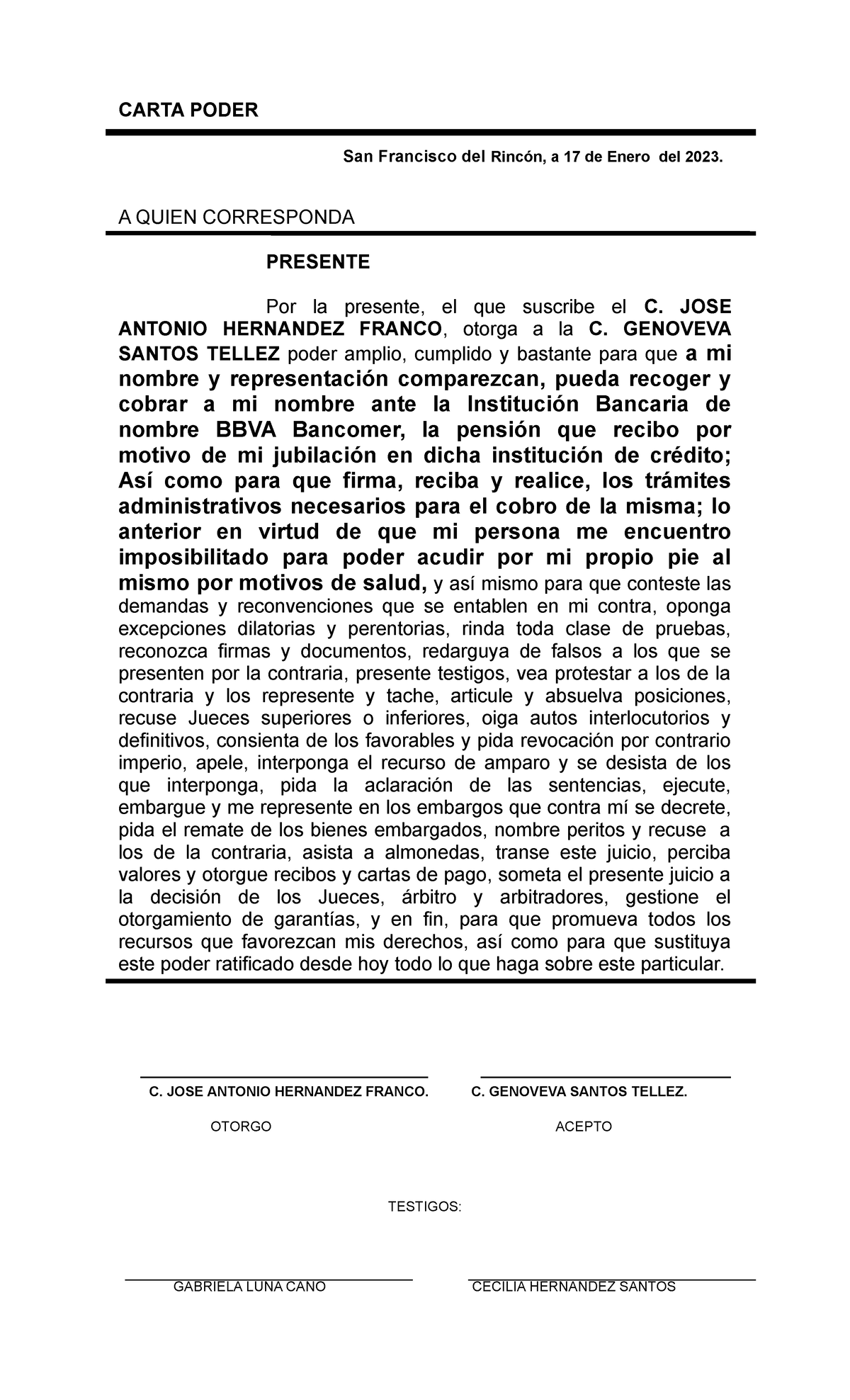 Carta Poder 2 - CARTA PODER San Francisco del Rincón, a 17 de Enero del ...