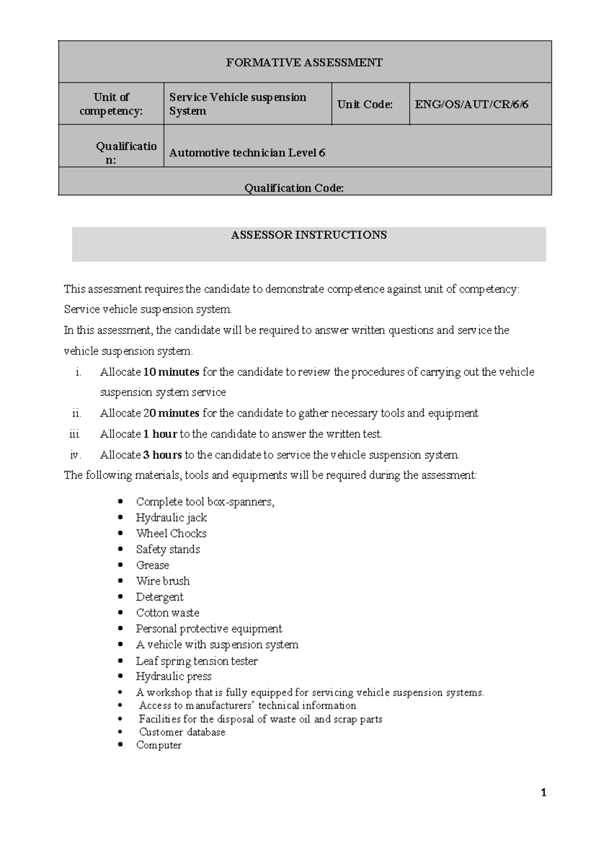 Assessment Tools - The specifications provide the materials, products ...