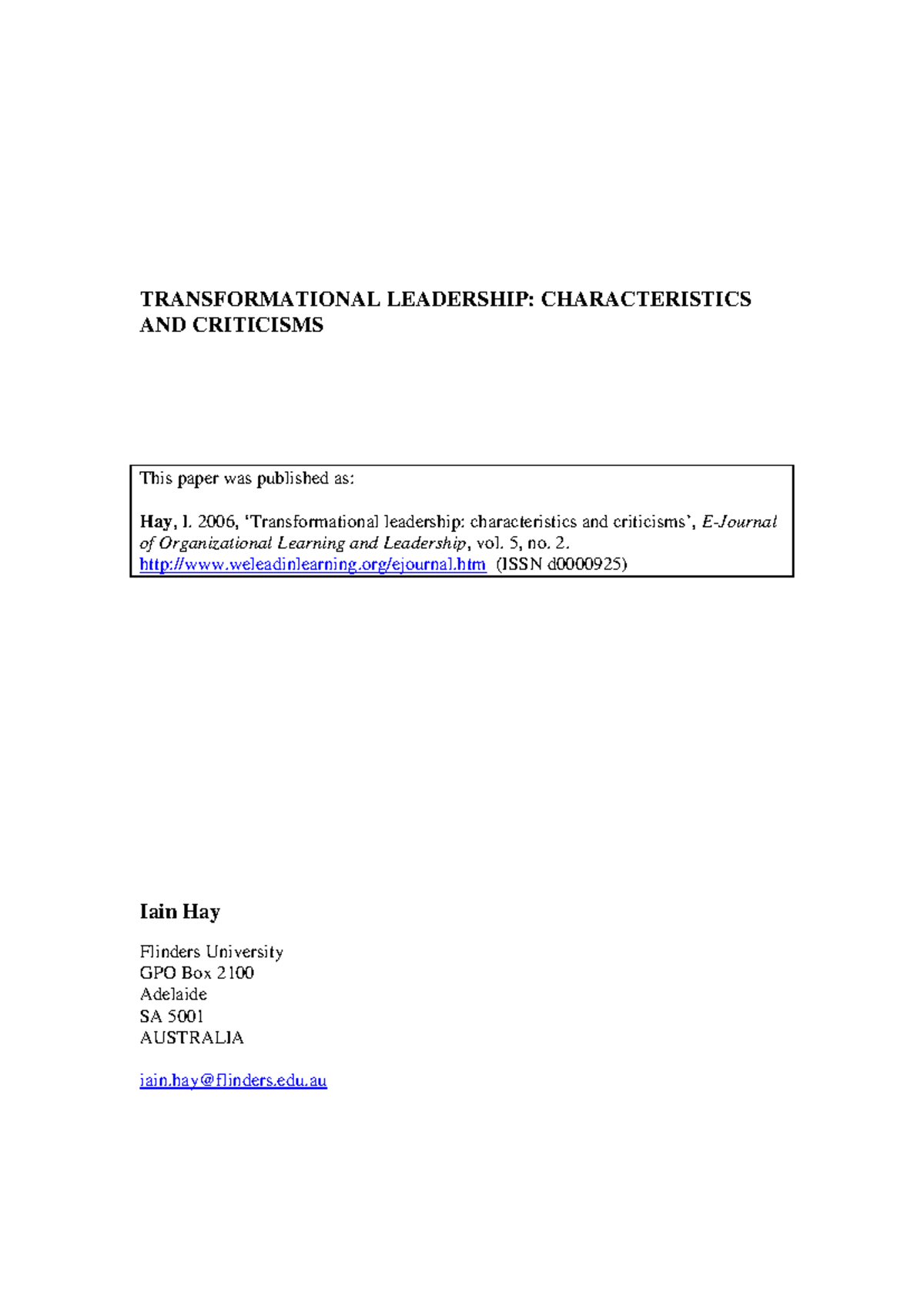 Transformational Leadership: Key Traits and Critiques (LEAD 101) - Studocu