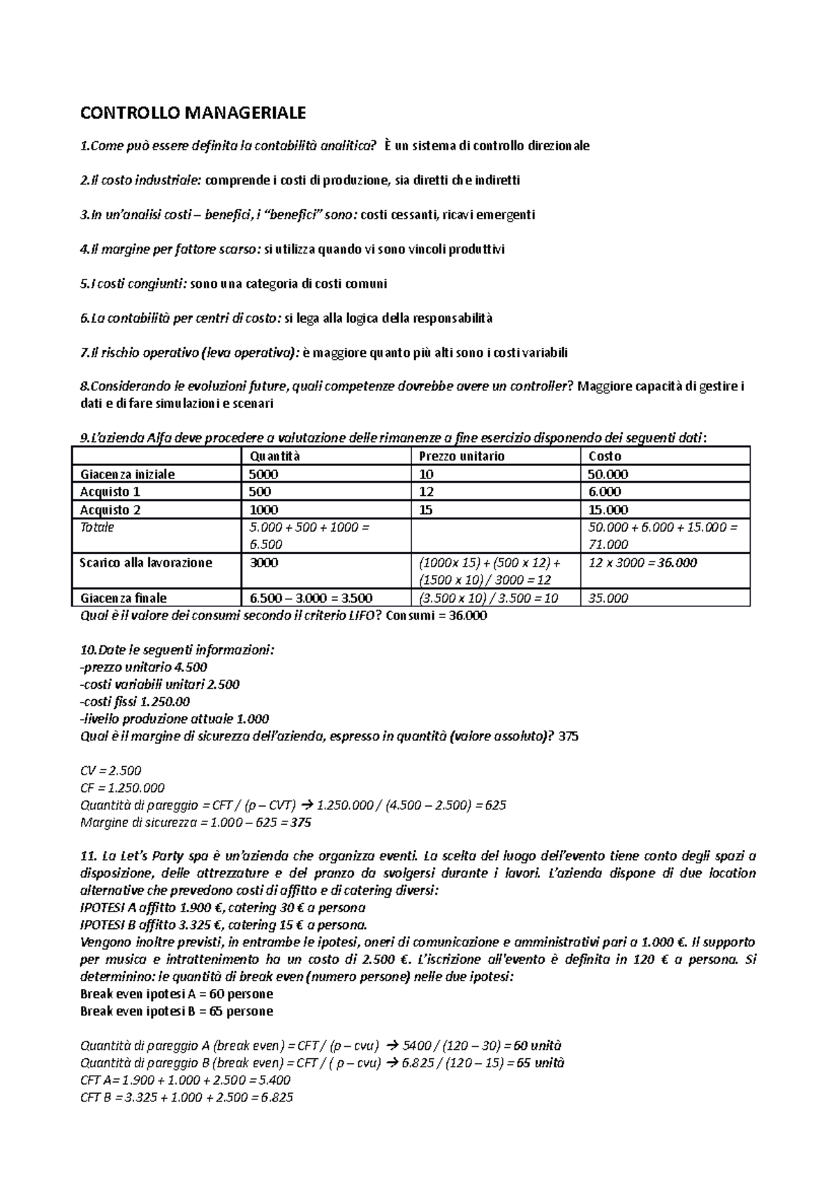 Controllo Manageriale - Domande e Risposte di Analisi Costi - Studocu