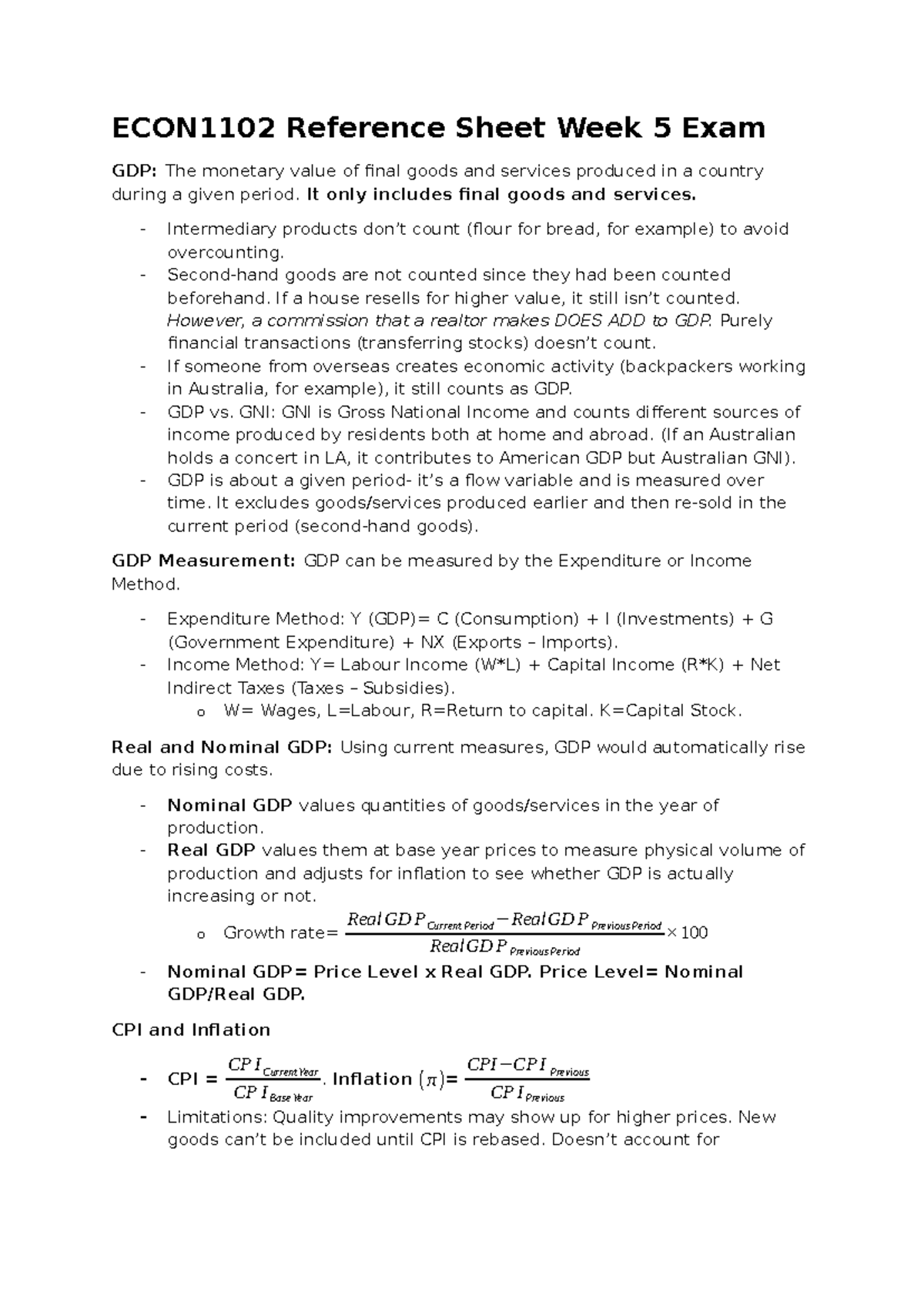 ECON1102 Week 5 Exam Reference Sheet: Understanding GDP and Economic ...