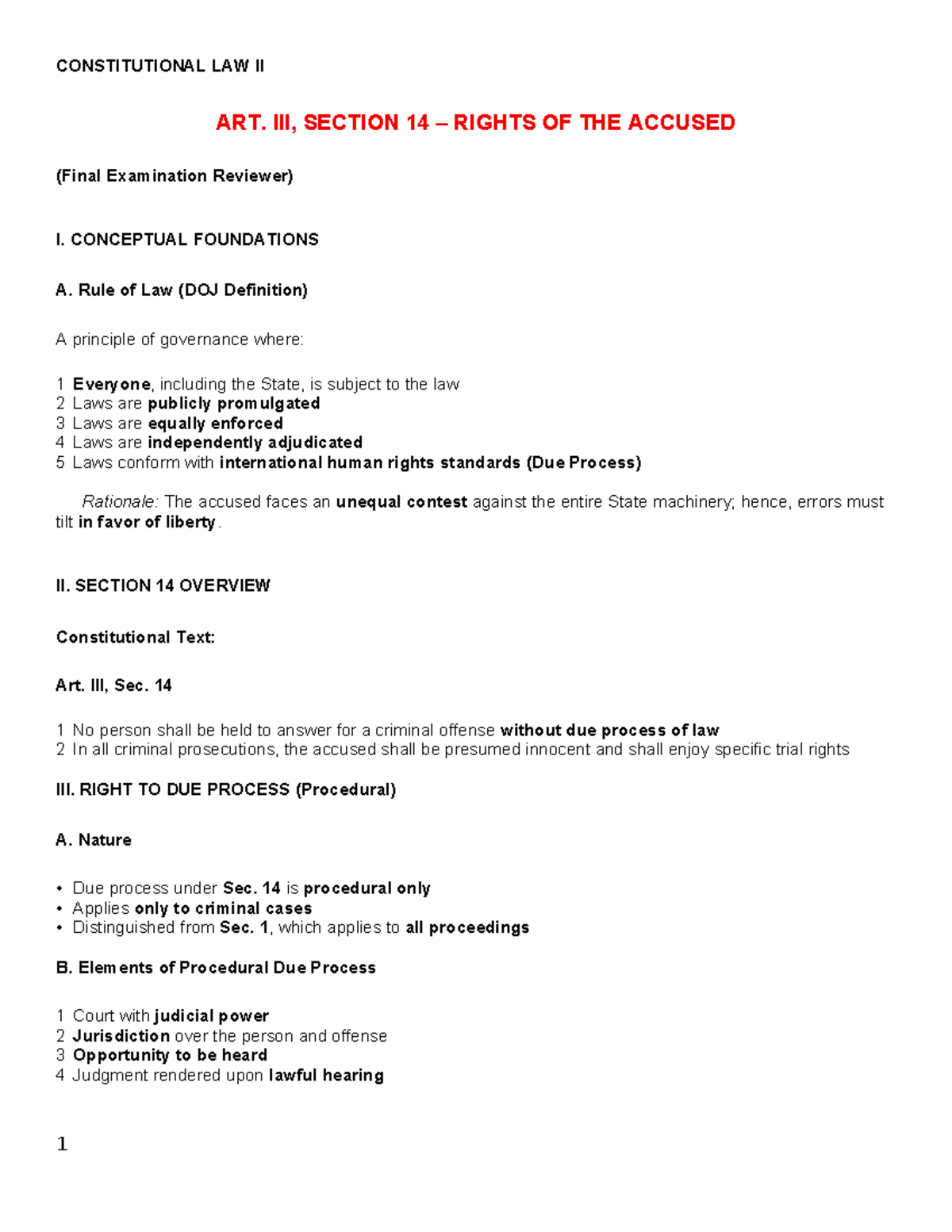 CONSTITUTIONAL LAW II: Sec. 14 Rights of the Accused (Final Exam ...