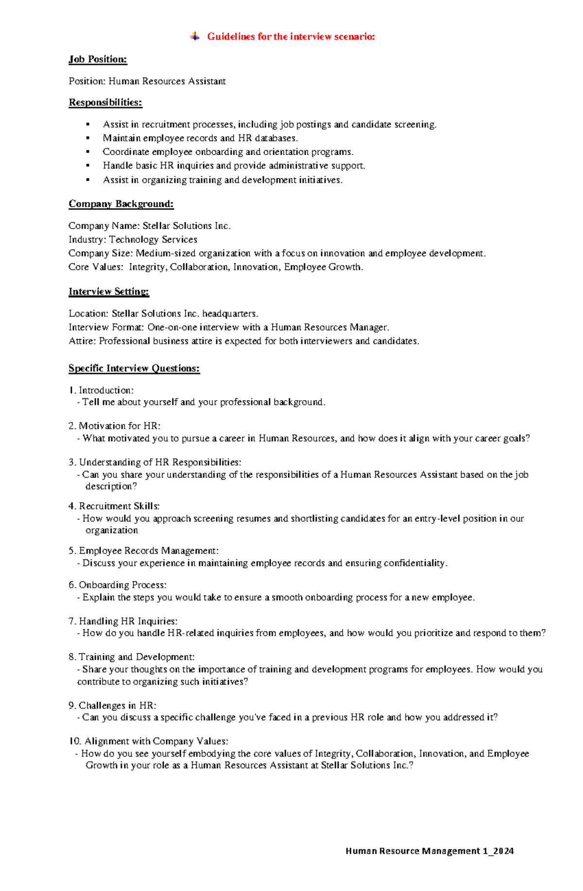 HRM1_2024: Interview Guidelines for Human Resources Assistant Position ...
