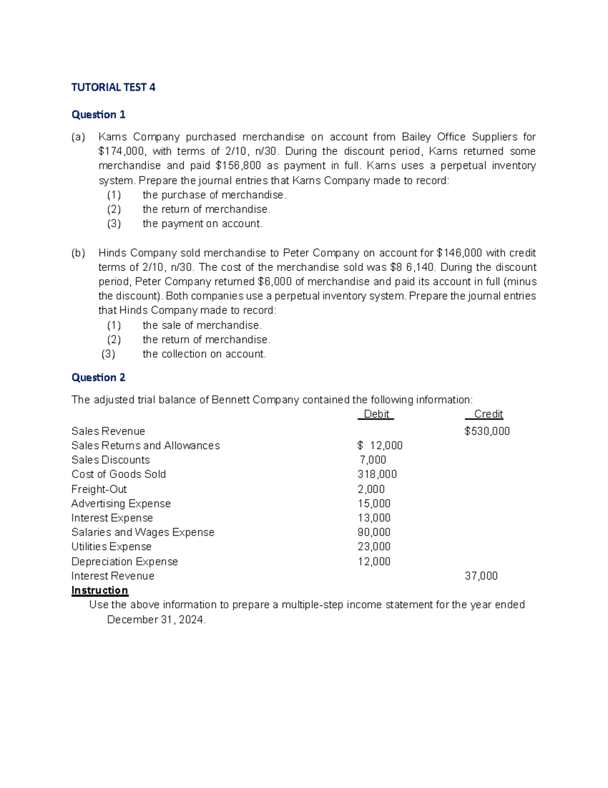 T1.26 - Tutorial Test 4: Journal Entries & Income Statement Preparation ...